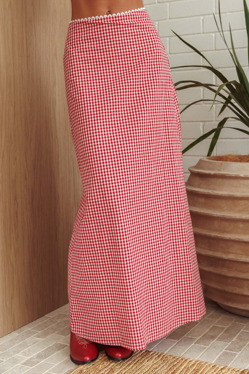 Summer Cottage Lace Trim Maxi Skirt Red Check by Selfie Leslie Australia