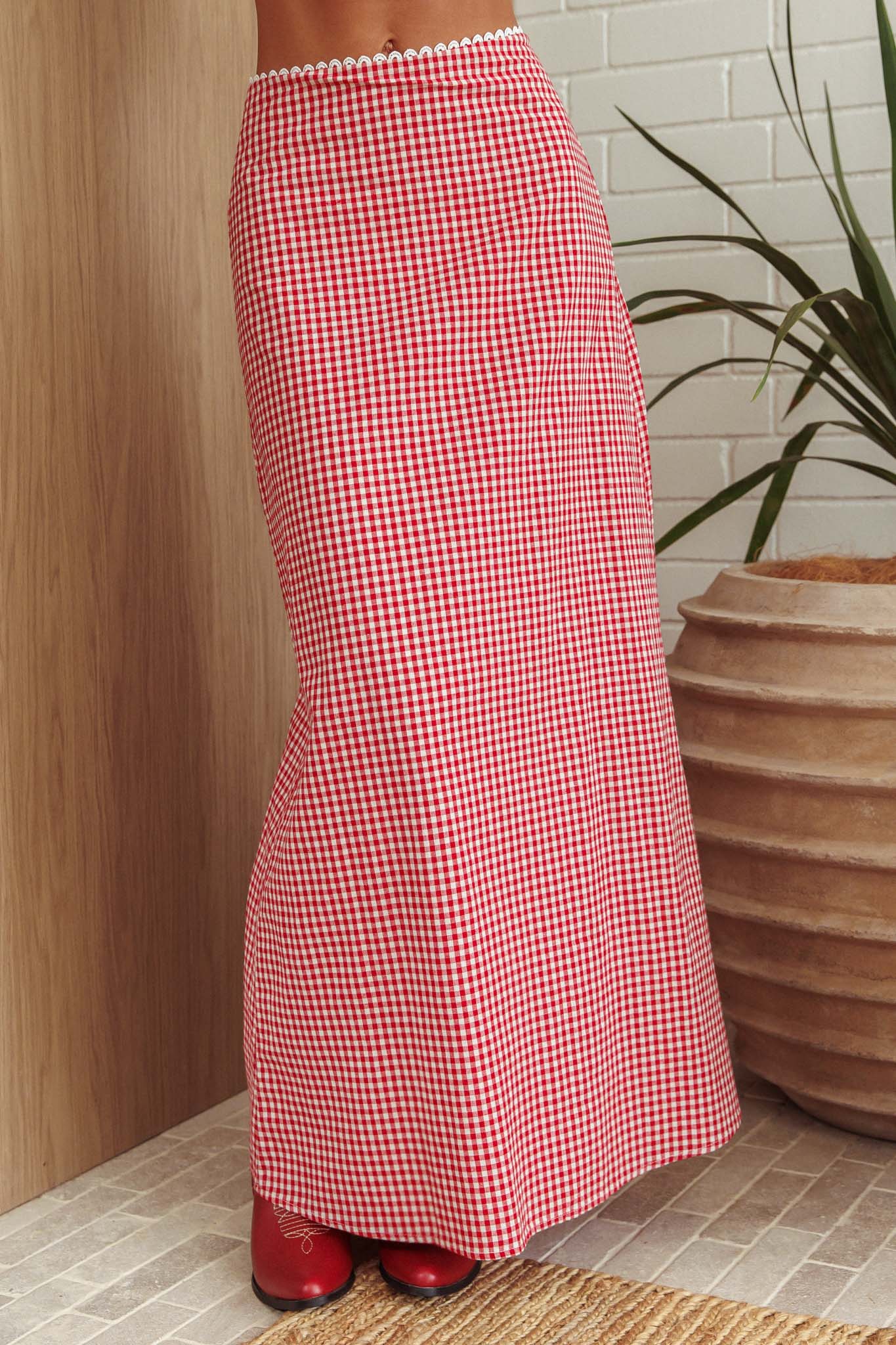 Summer Cottage Lace Trim Maxi Skirt Red Check by Selfie Leslie Australia
