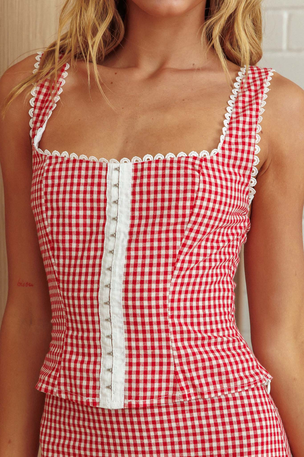 Summer Cottage Lace Trim Top Red Check by Selfie Leslie Australia