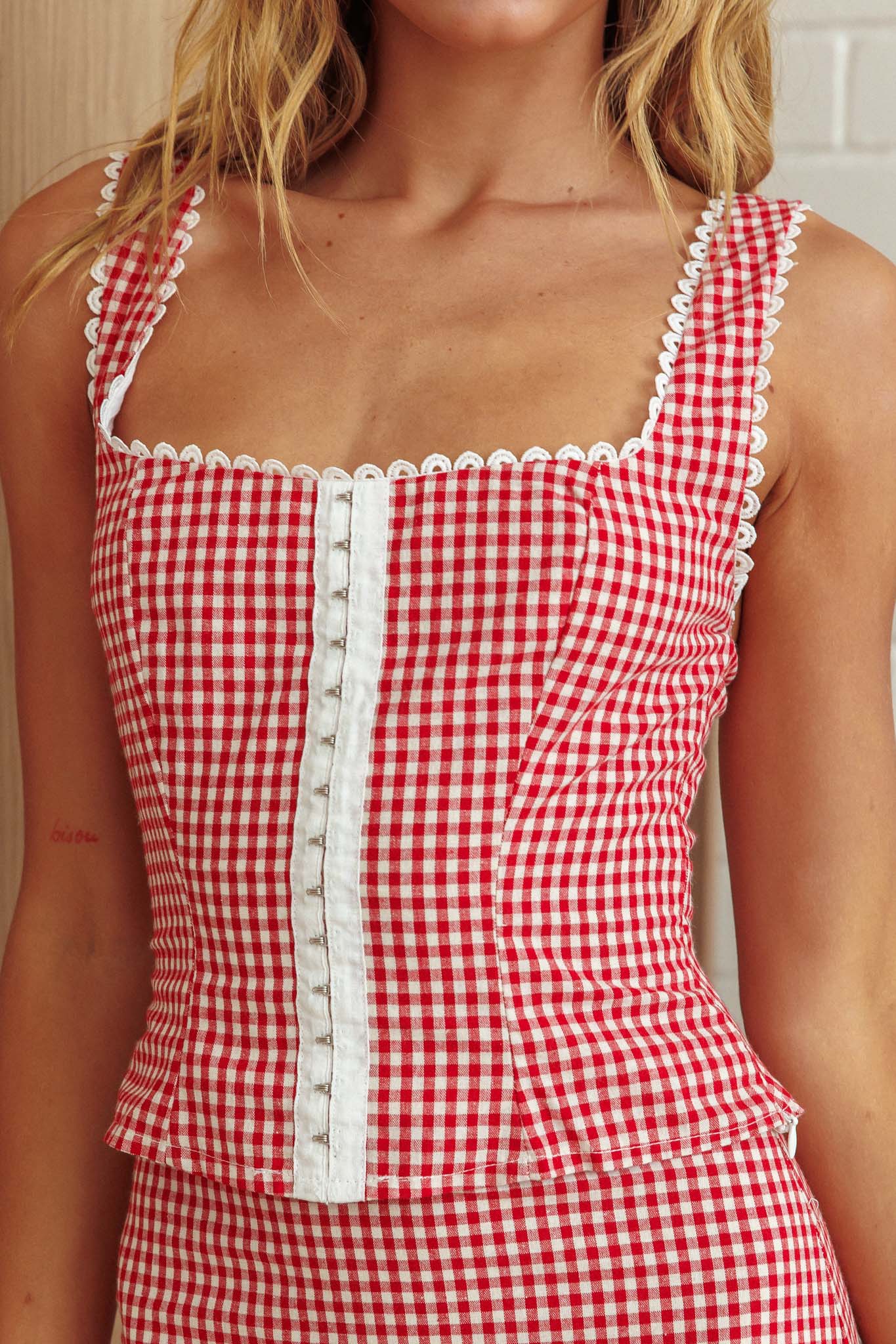 Summer Cottage Lace Trim Top Red Check by Selfie Leslie Australia