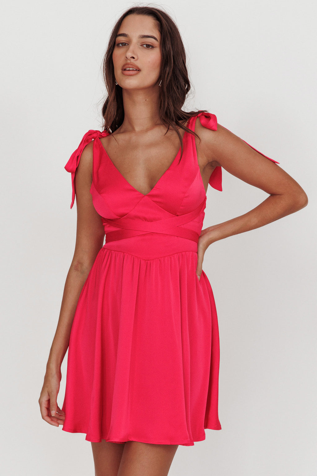 Majesty Tied Shoulder Mini Dress Hot Pink by Selfie Leslie Australia