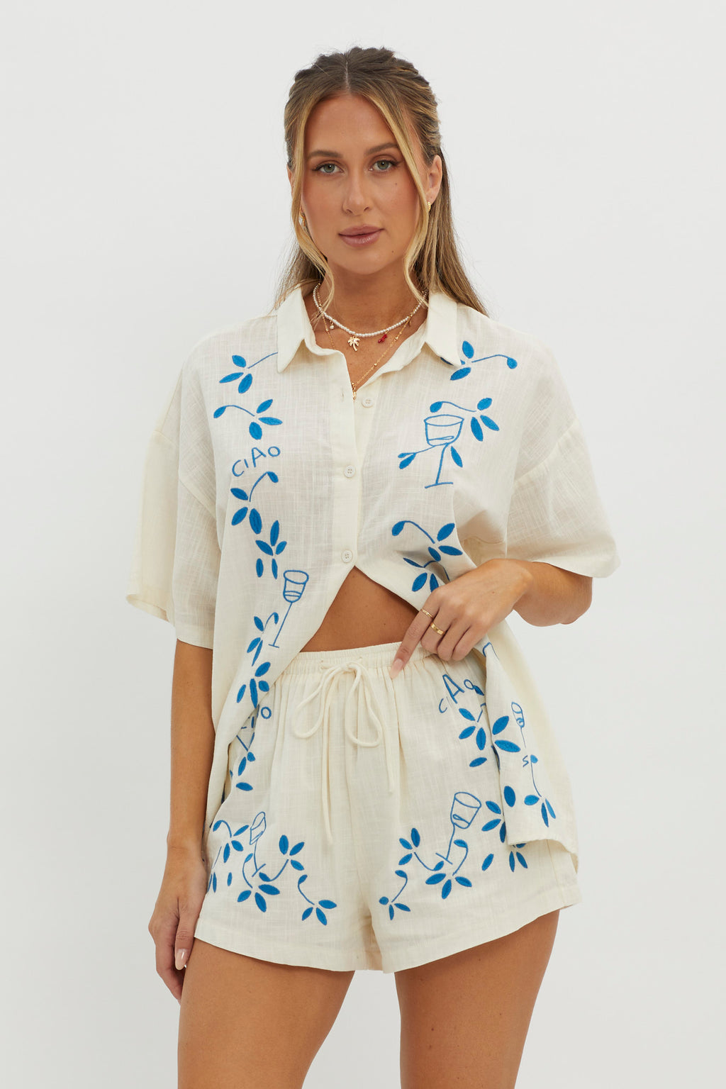 Ciao Ciao Embroidered Drawstring Shorts Beige by Selfie Leslie Australia