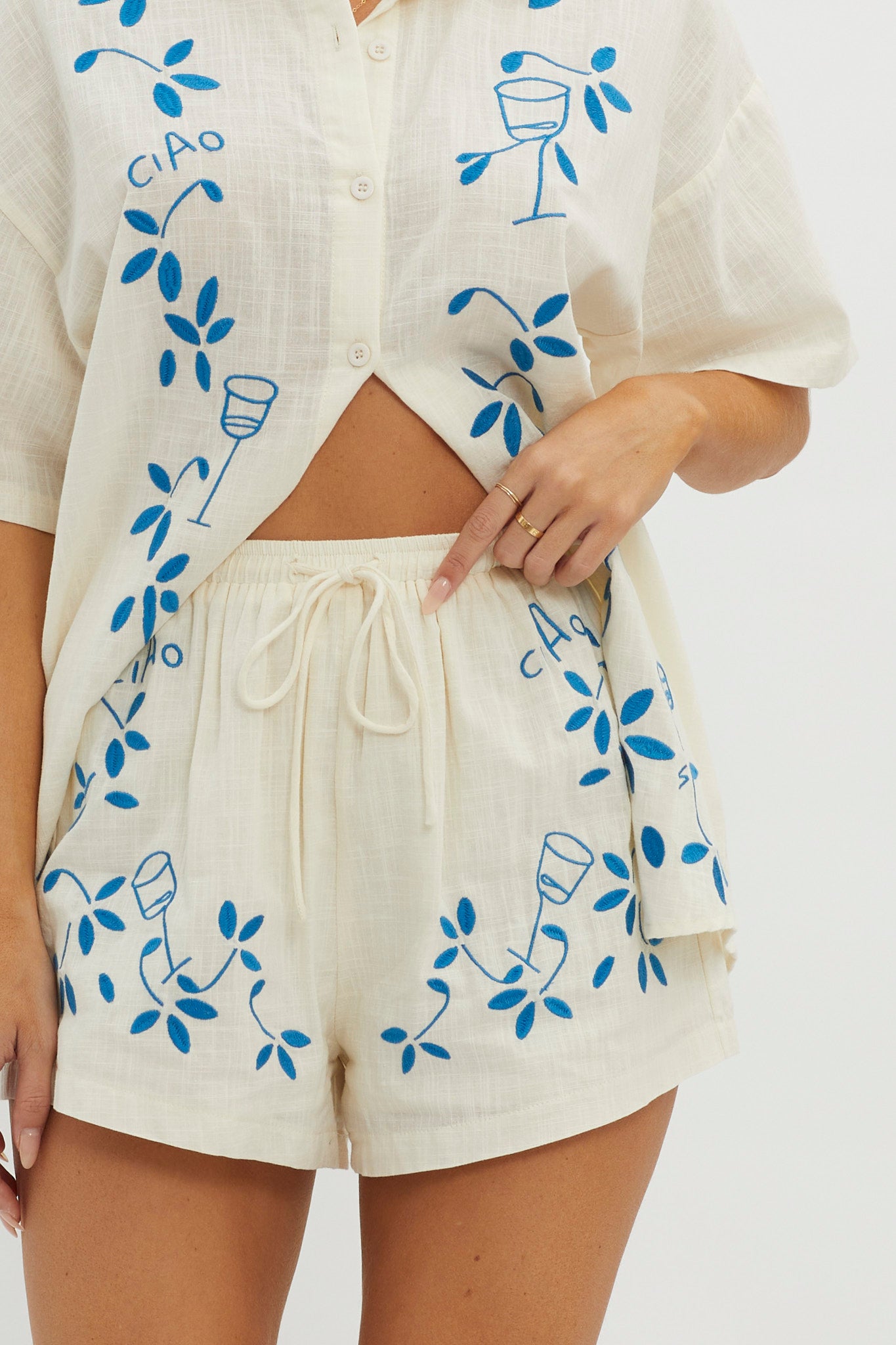 Ciao Ciao Embroidered Drawstring Shorts Beige by Selfie Leslie Australia