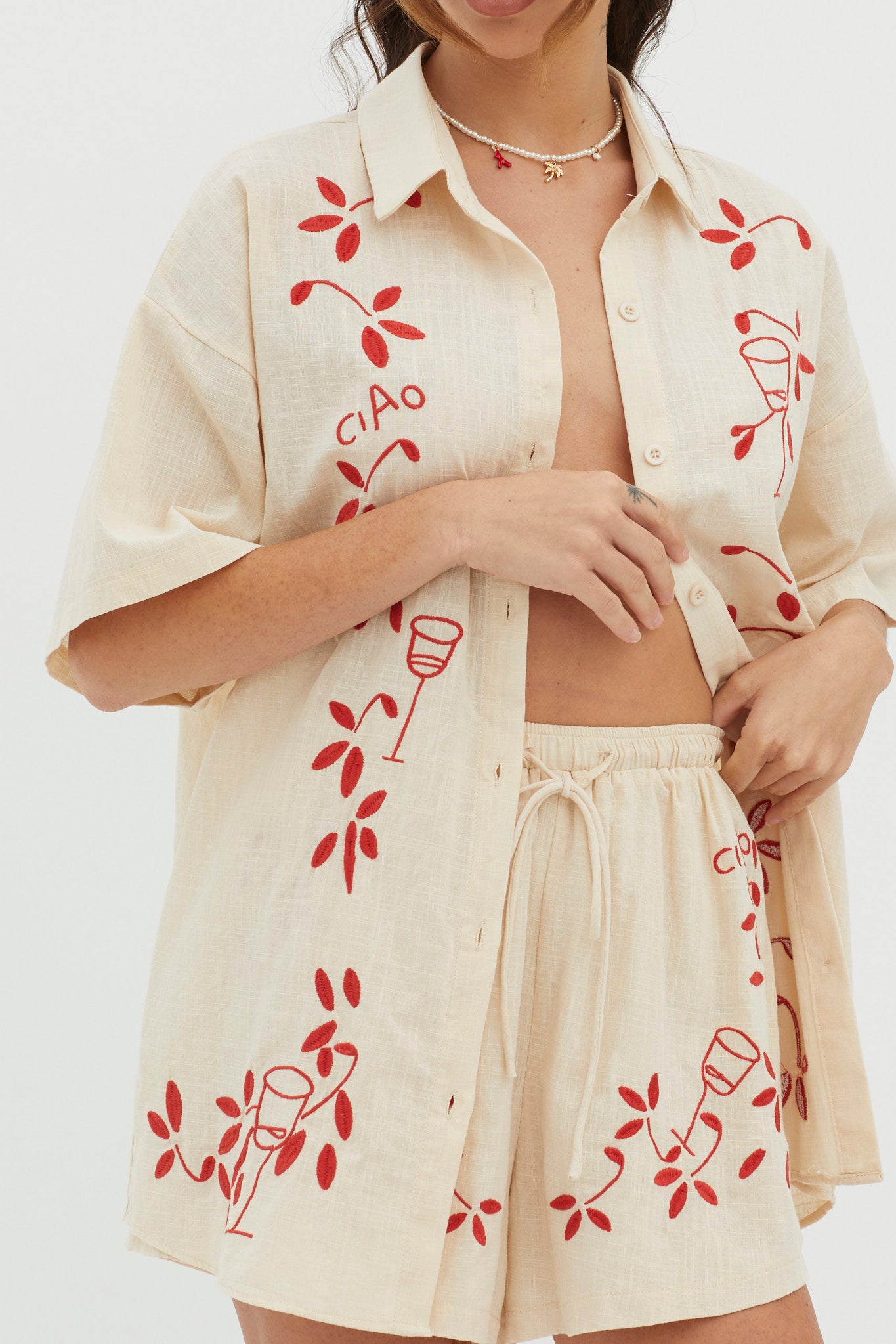 Ciao Ciao Embroidered Drawstring Shorts Oat by Selfie Leslie Australia