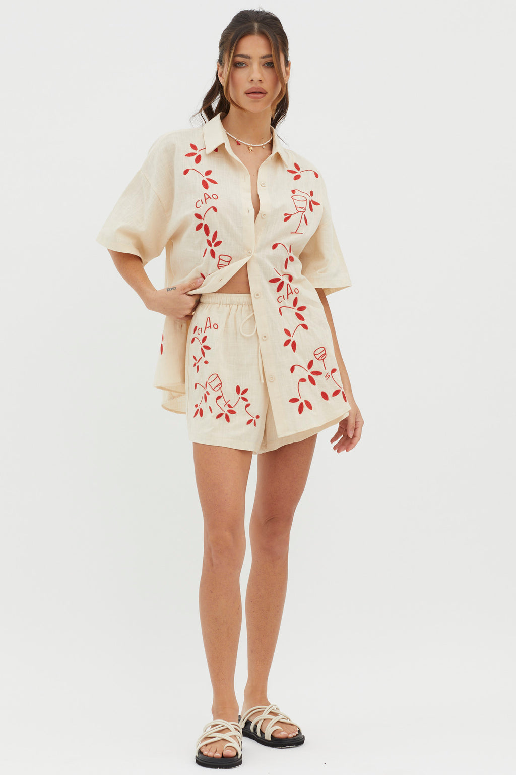 Ciao Ciao Embroidered Drawstring Shorts Oat by Selfie Leslie Australia
