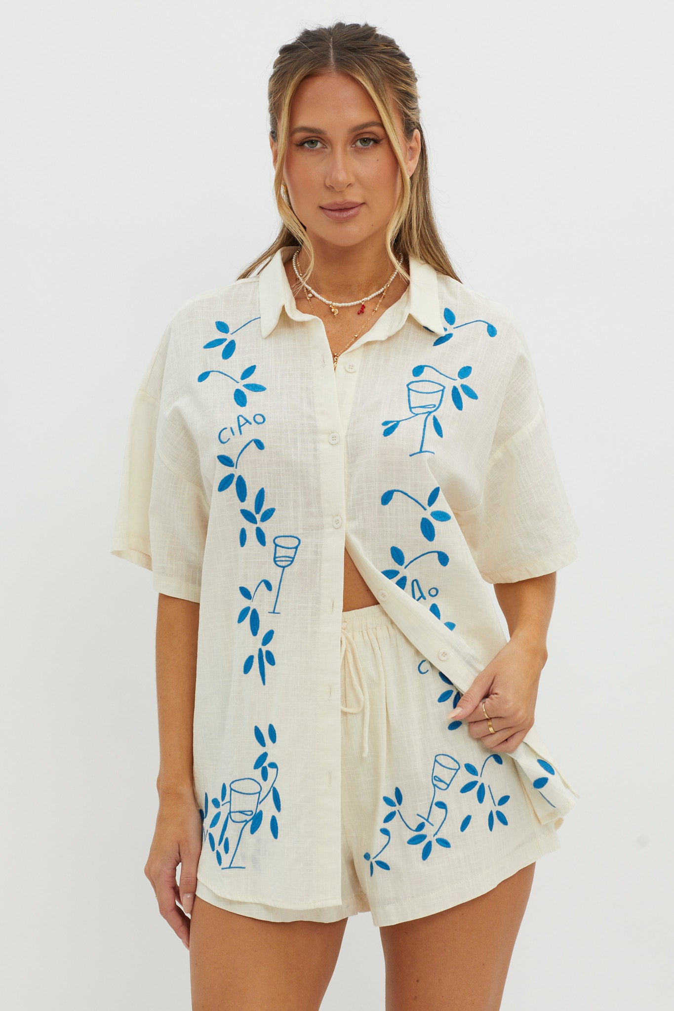 Ciao Ciao Embroidered Button-Up Shirt Beige by Selfie Leslie Australia