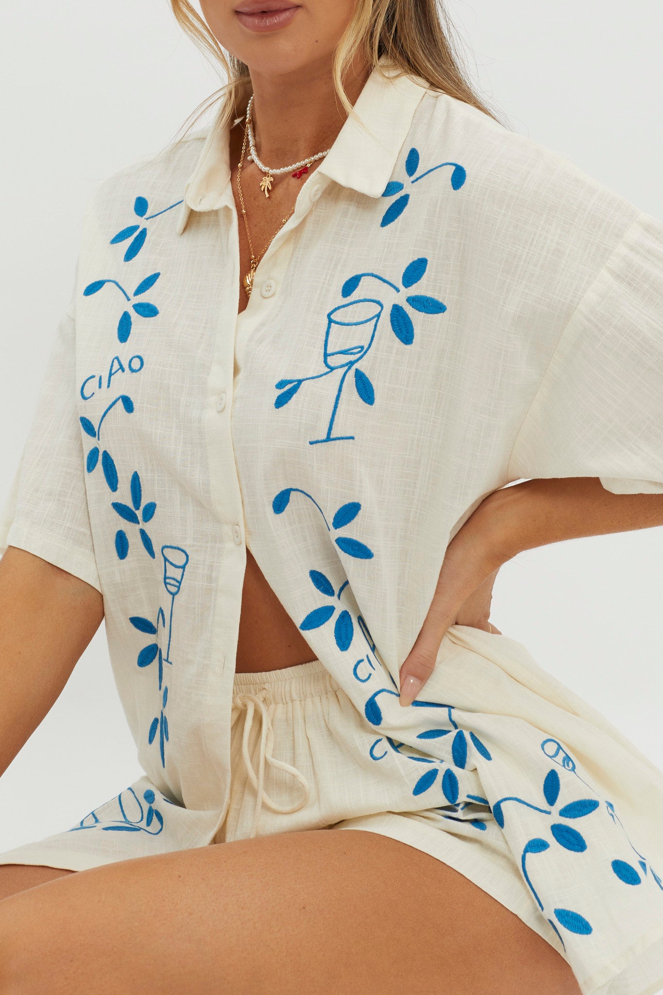 Ciao Ciao Embroidered Button-Up Shirt Beige by Selfie Leslie Australia