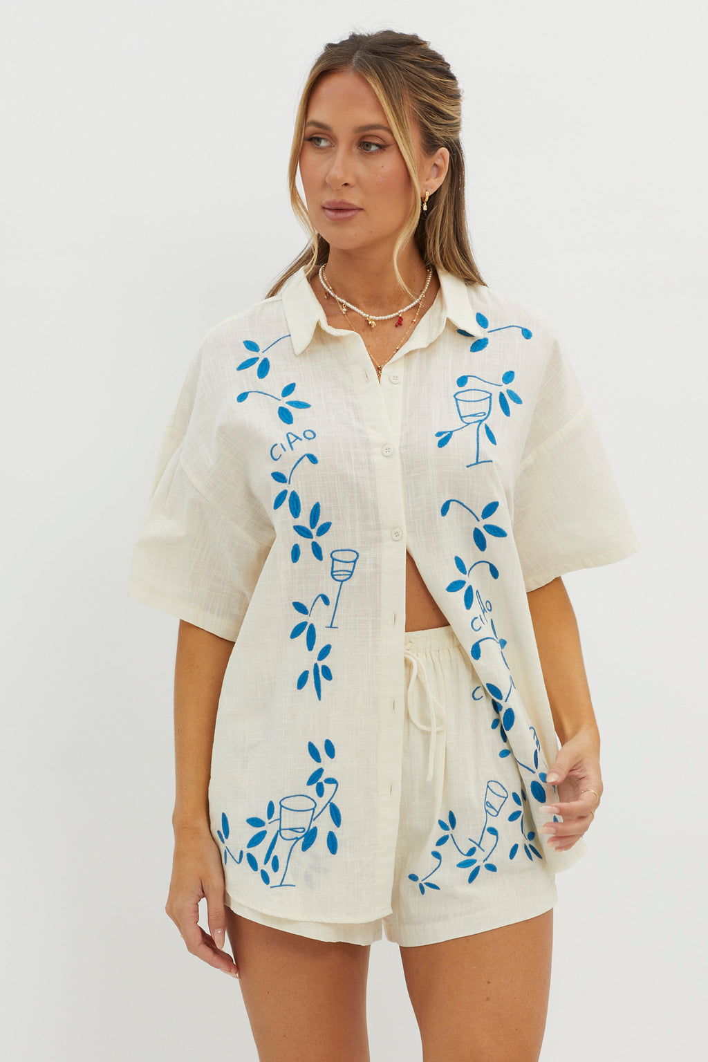 Ciao Ciao Embroidered Button-Up Shirt Beige by Selfie Leslie Australia