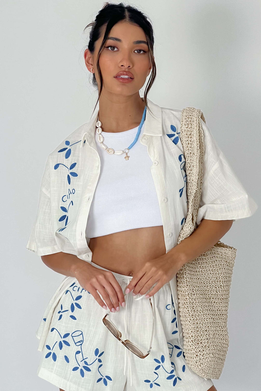 Ciao Ciao Embroidered Button-Up Shirt Beige by Selfie Leslie Australia