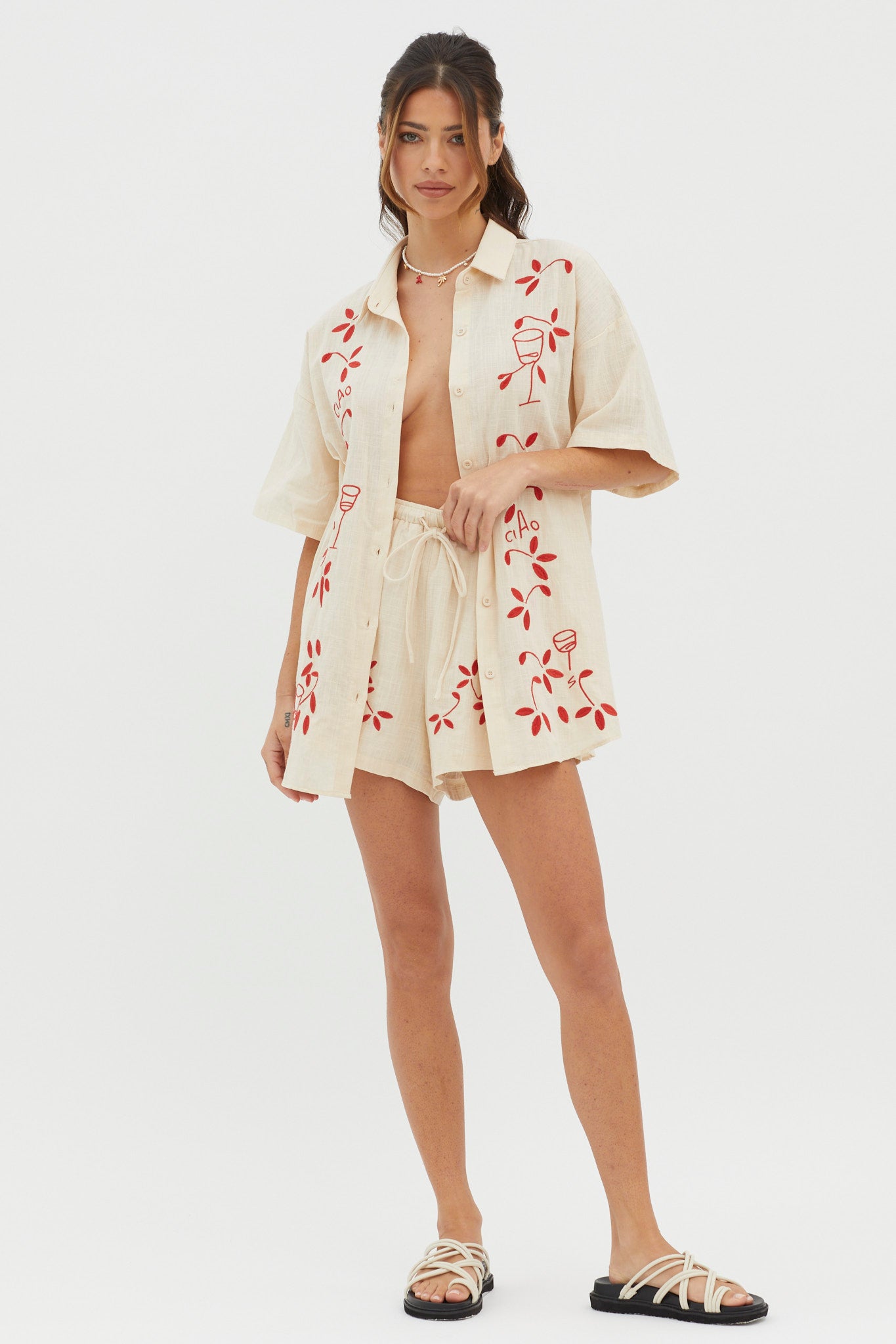Ciao Ciao Embroidered Button-Up Shirt Oat by Selfie Leslie Australia