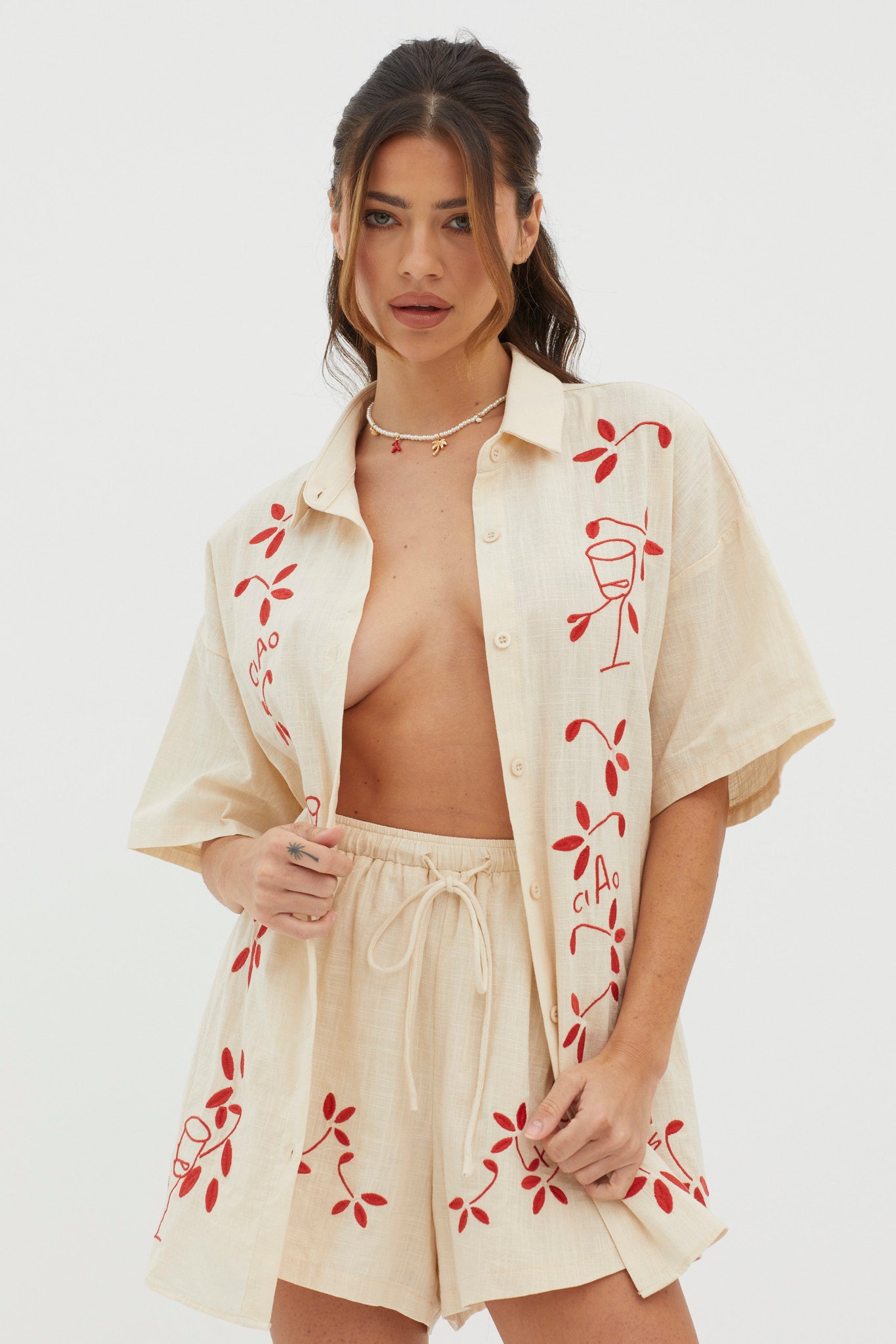 Ciao Ciao Embroidered Button-Up Shirt Oat by Selfie Leslie Australia