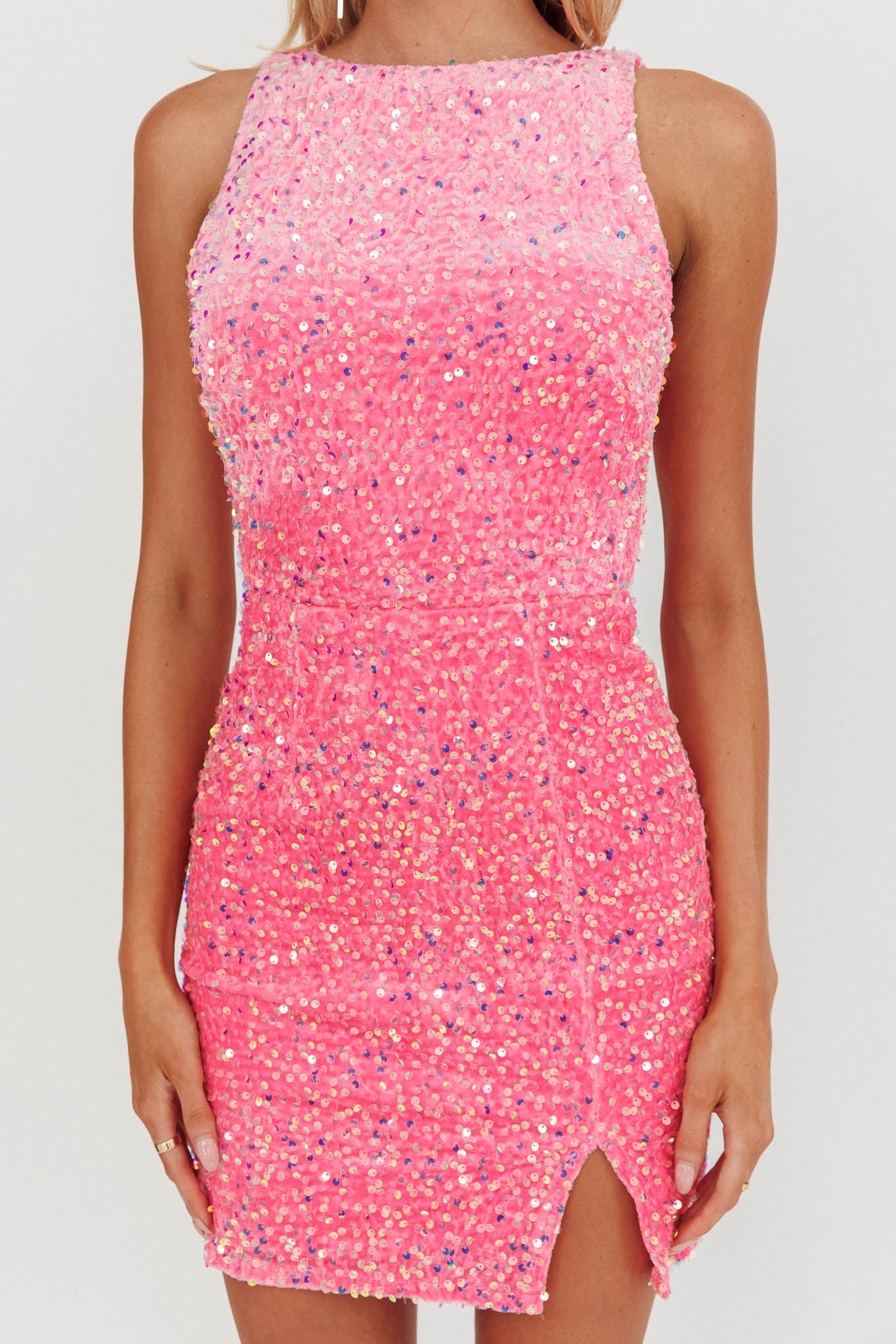 Bedazzle Opened Back Sequin Mini Dress Hot Pink by Selfie Leslie Australia