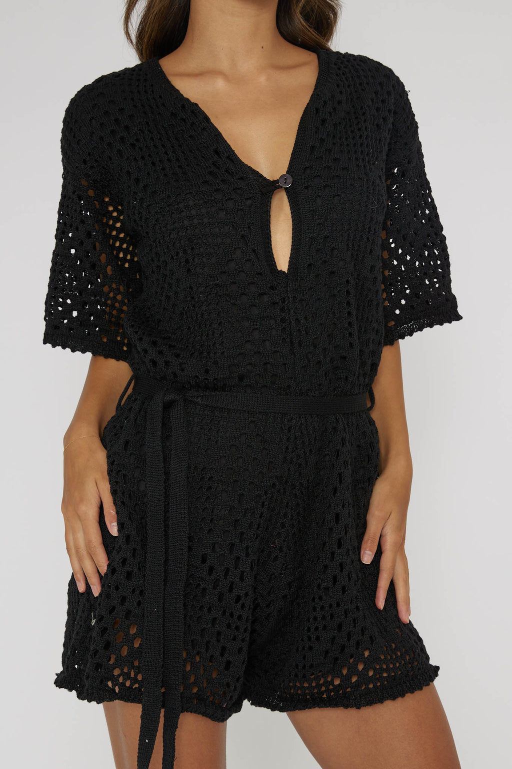 Asana Crochet Button Romper Black by Selfie Leslie Australia