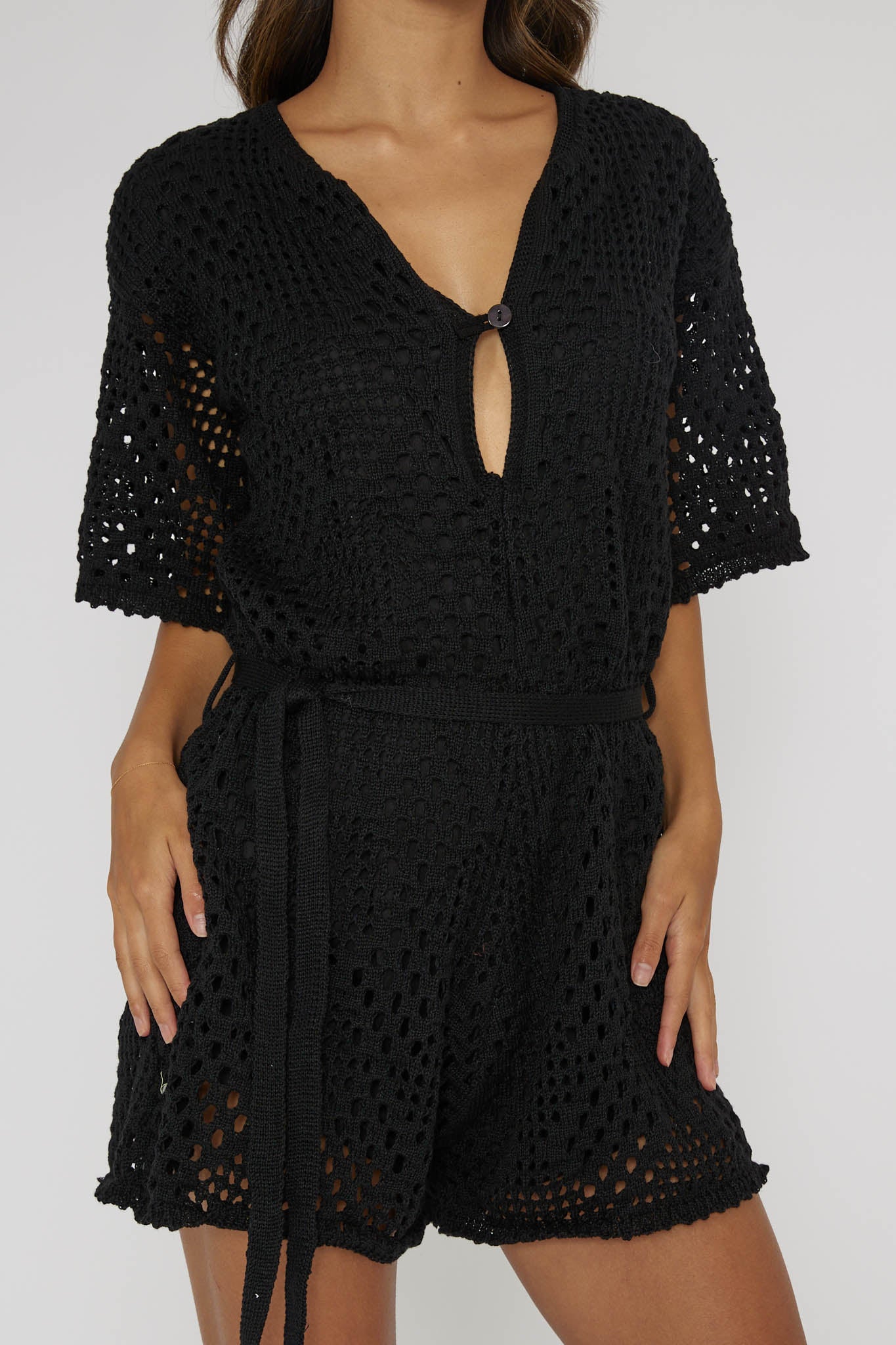 Asana Crochet Button Romper Black by Selfie Leslie Australia