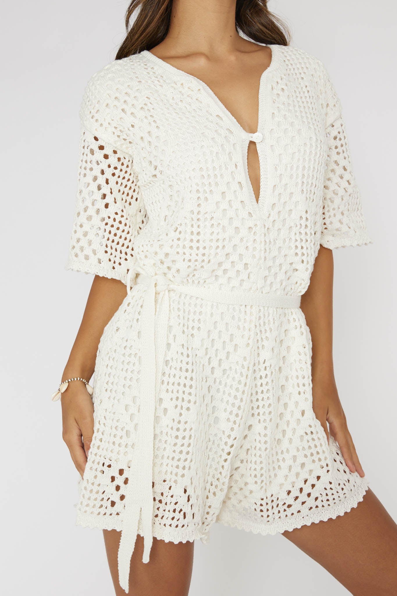 Asana Crochet Button Romper Cream by Selfie Leslie Australia