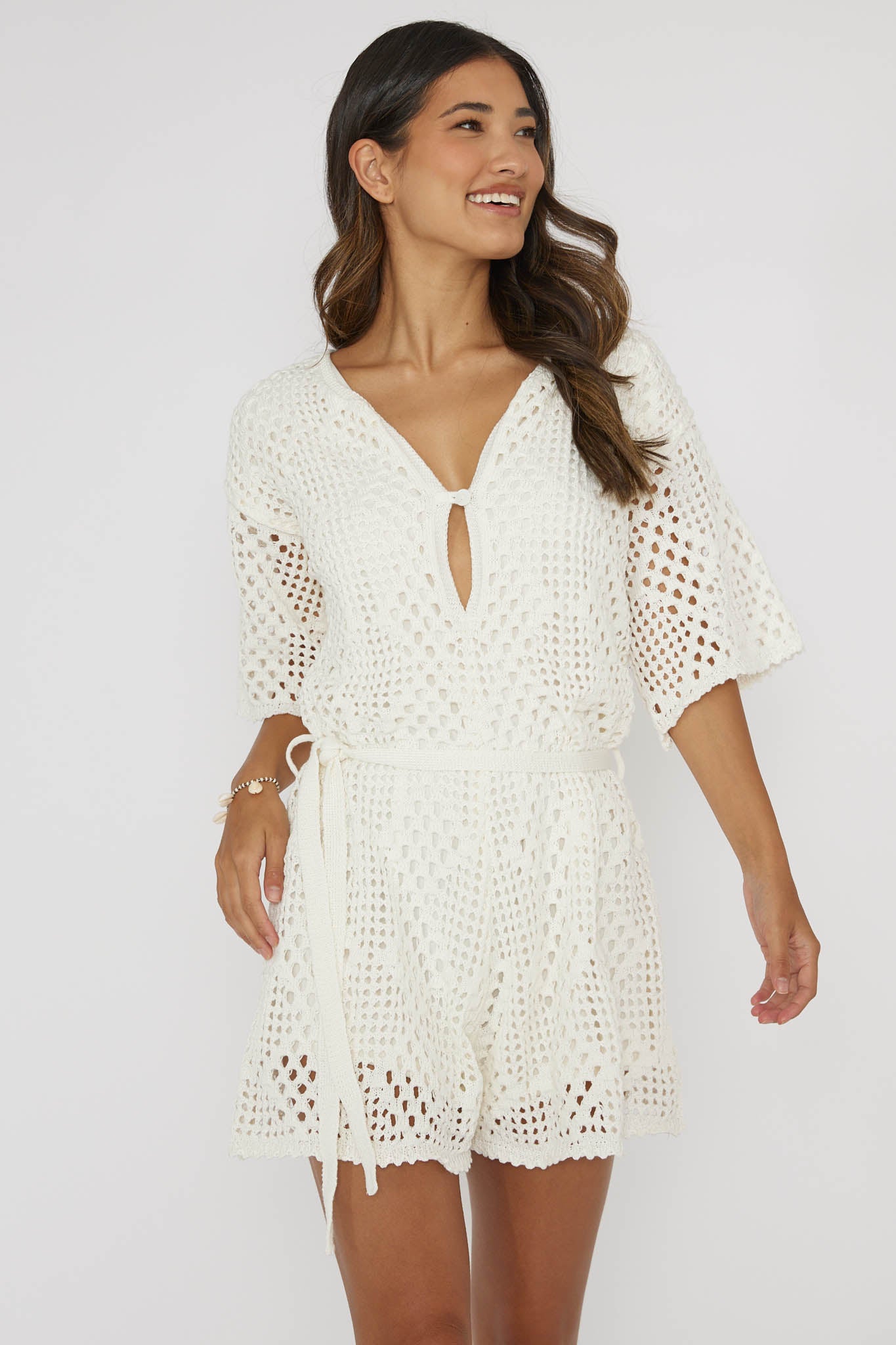 Asana Crochet Button Romper Cream by Selfie Leslie Australia