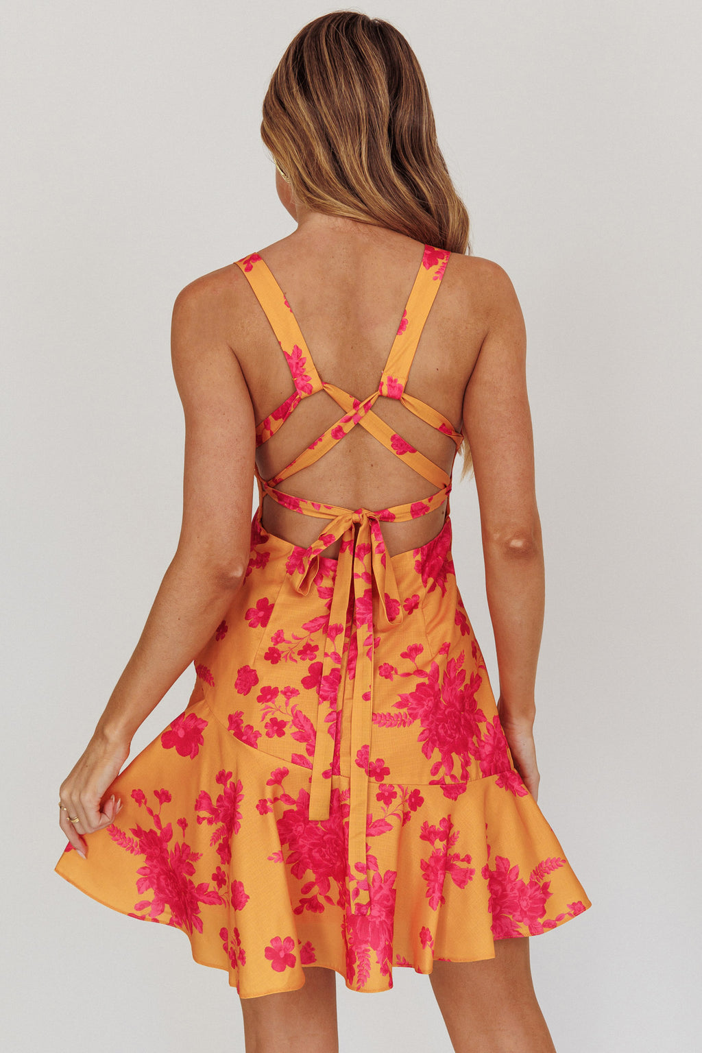 Like Me Strappy Back Mini Dress Floral Orange by Selfie Leslie Australia