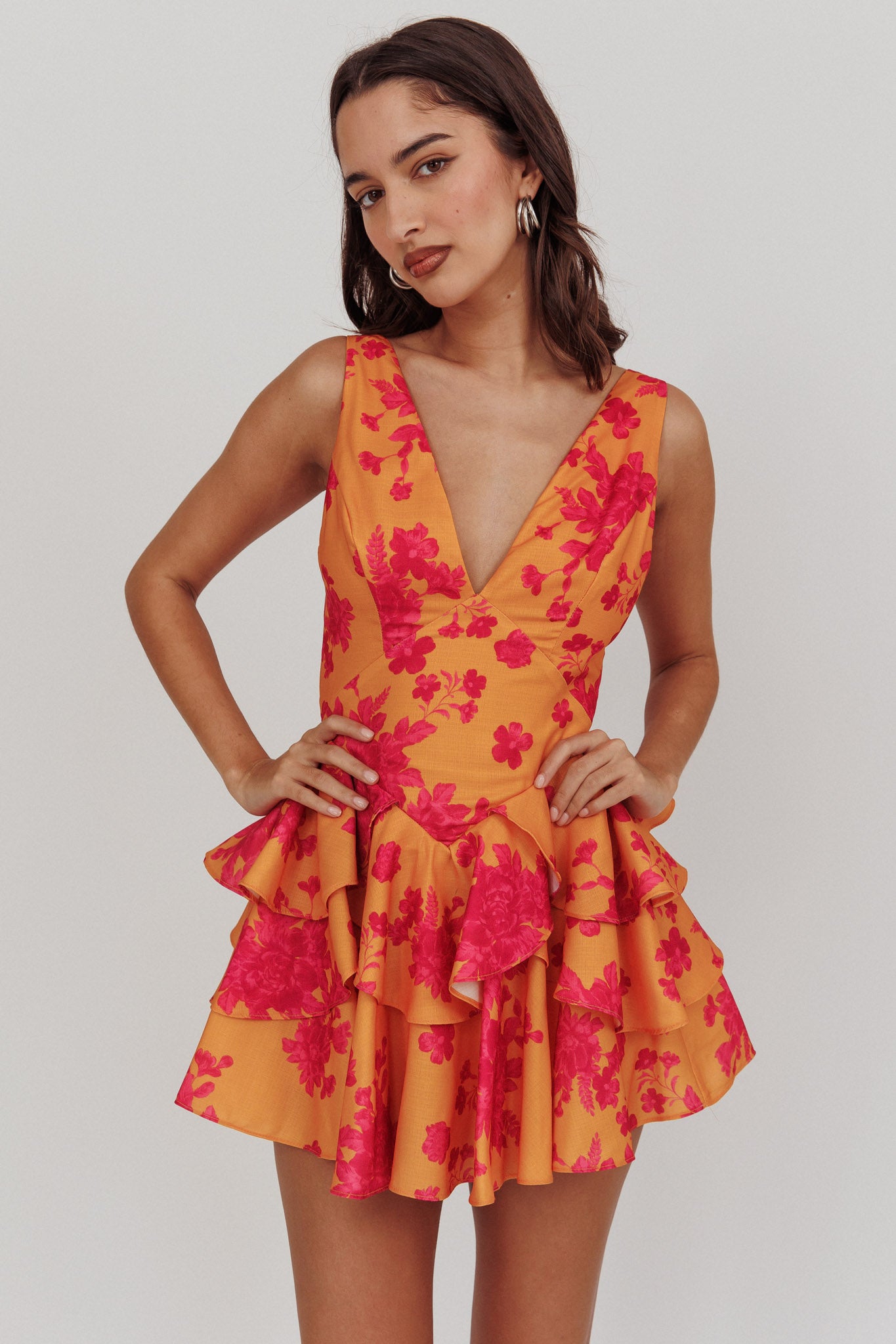 Like Me V-Neck Tied Back Floral Romper Orange by Selfie Leslie Australia