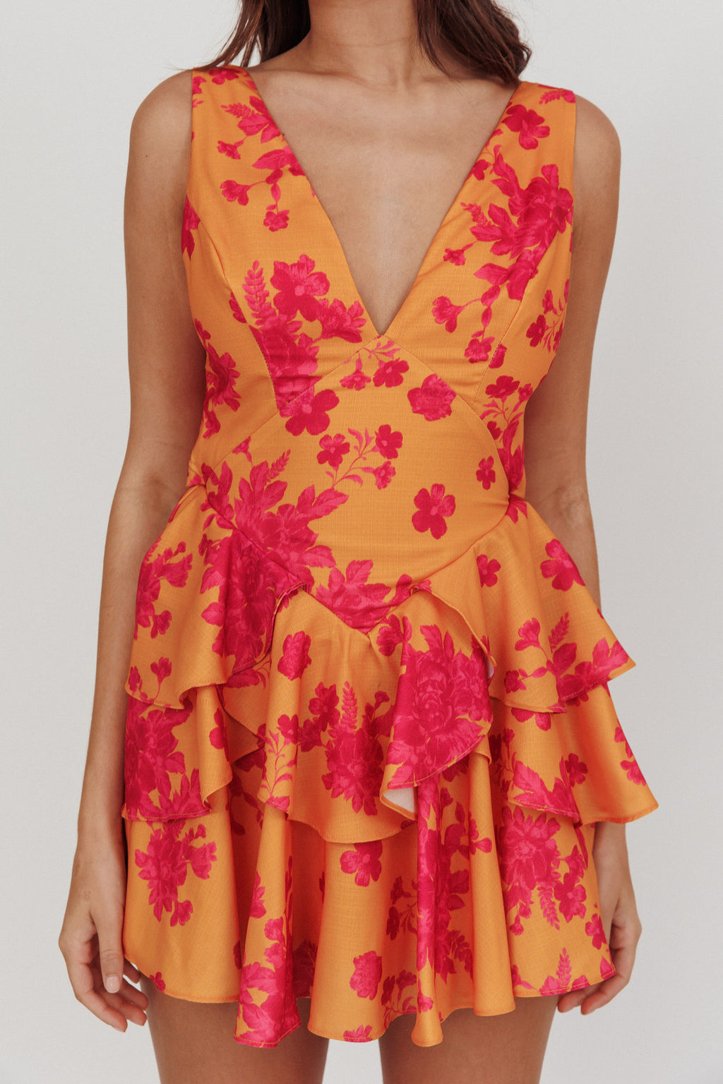 Like Me V-Neck Tied Back Floral Romper Orange by Selfie Leslie Australia