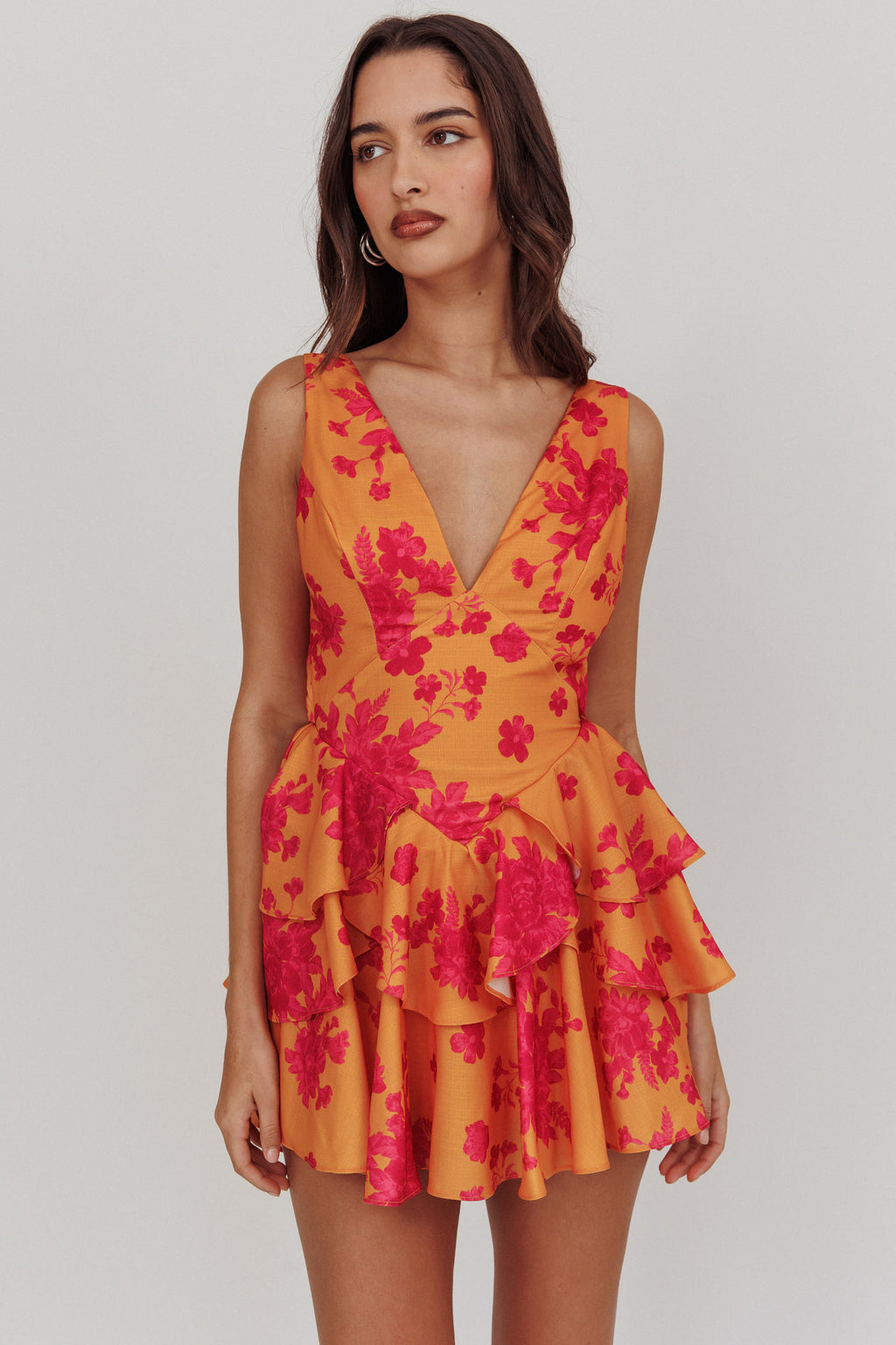 Like Me V-Neck Tied Back Floral Romper Orange by Selfie Leslie Australia