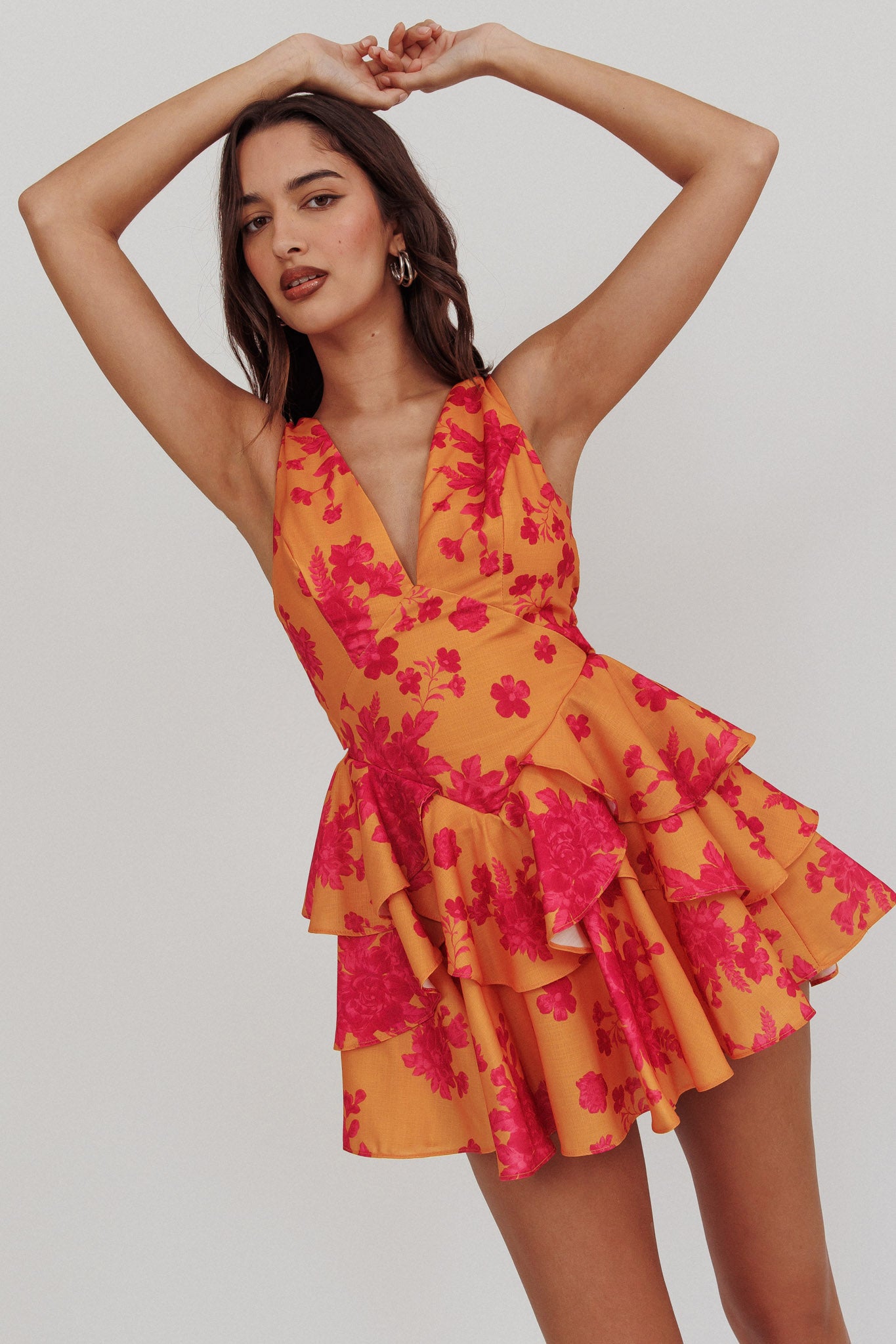 Like Me V-Neck Tied Back Floral Romper Orange by Selfie Leslie Australia