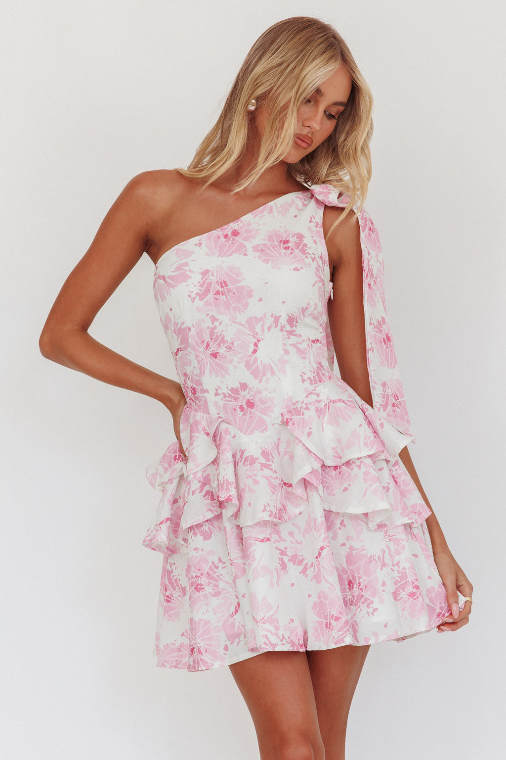 Like Me One-Shoulder Layered Mini Dress Floral Pink by Selfie Leslie Australia