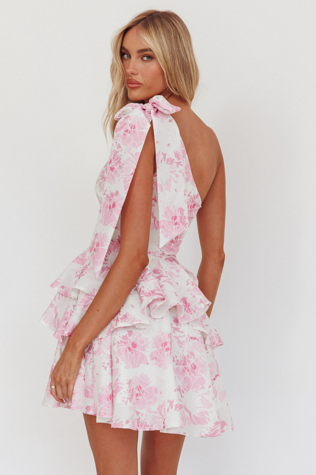 Like Me One-Shoulder Layered Mini Dress Floral Pink by Selfie Leslie Australia