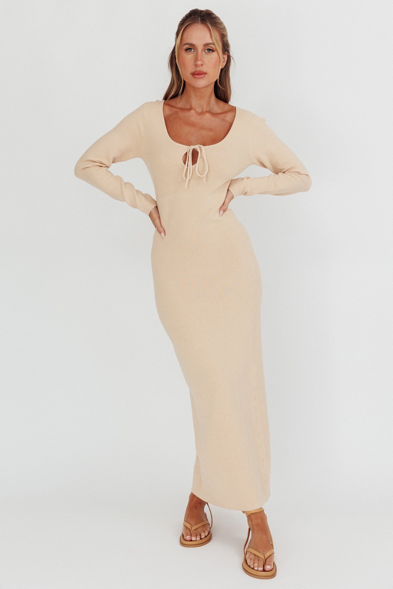 Merine Long Sleeve Knit Maxi Dress Sand by Selfie Leslie Australia