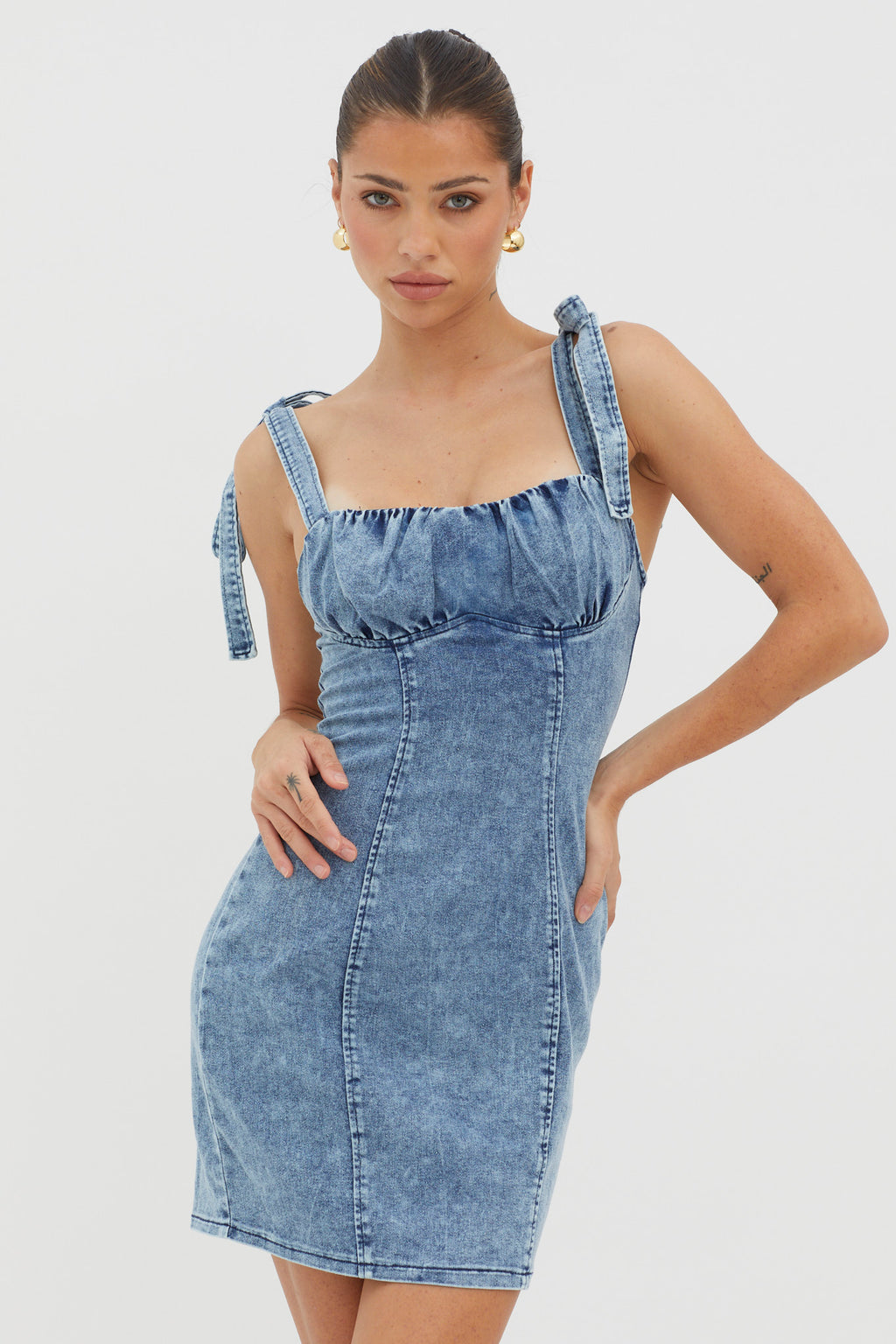 Harrison Tied Shoulder Mini Dress Denim Blue by Selfie Leslie Australia