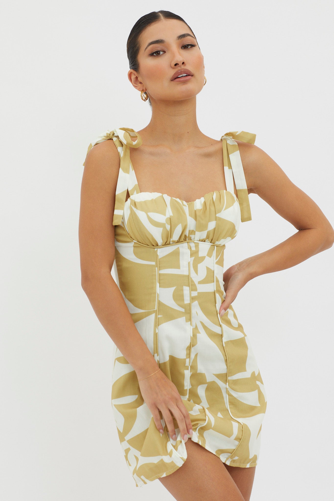 Harrison Tied Shoulder Mini Dress Print Yellow by Selfie Leslie Australia