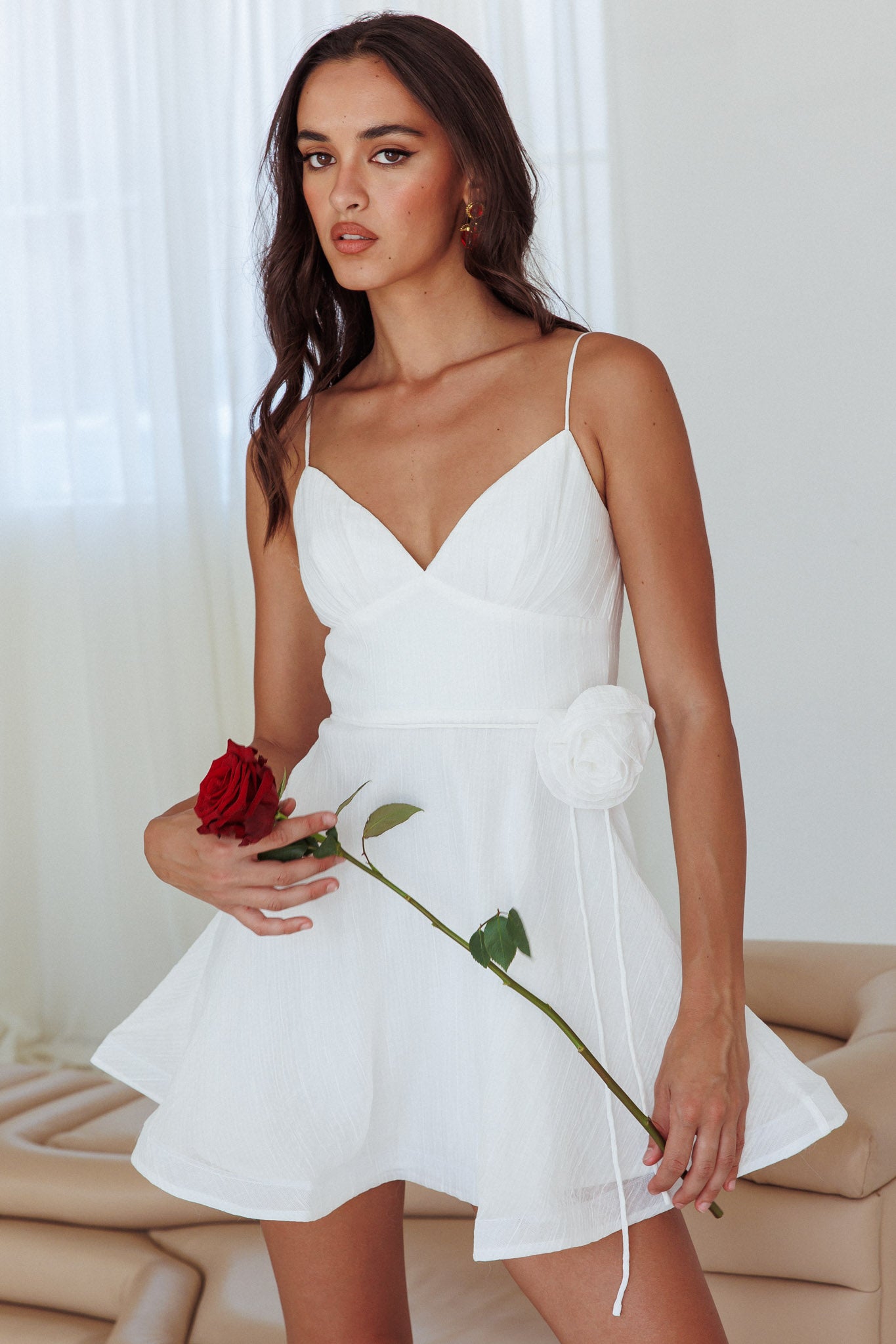 Kalinda Rose Accent Mini Dress Crepe White by Selfie Leslie Australia