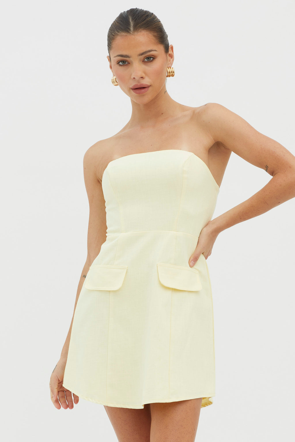 Justine Strapless Faux Pocket Mini Dress Butter by Selfie Leslie Australia