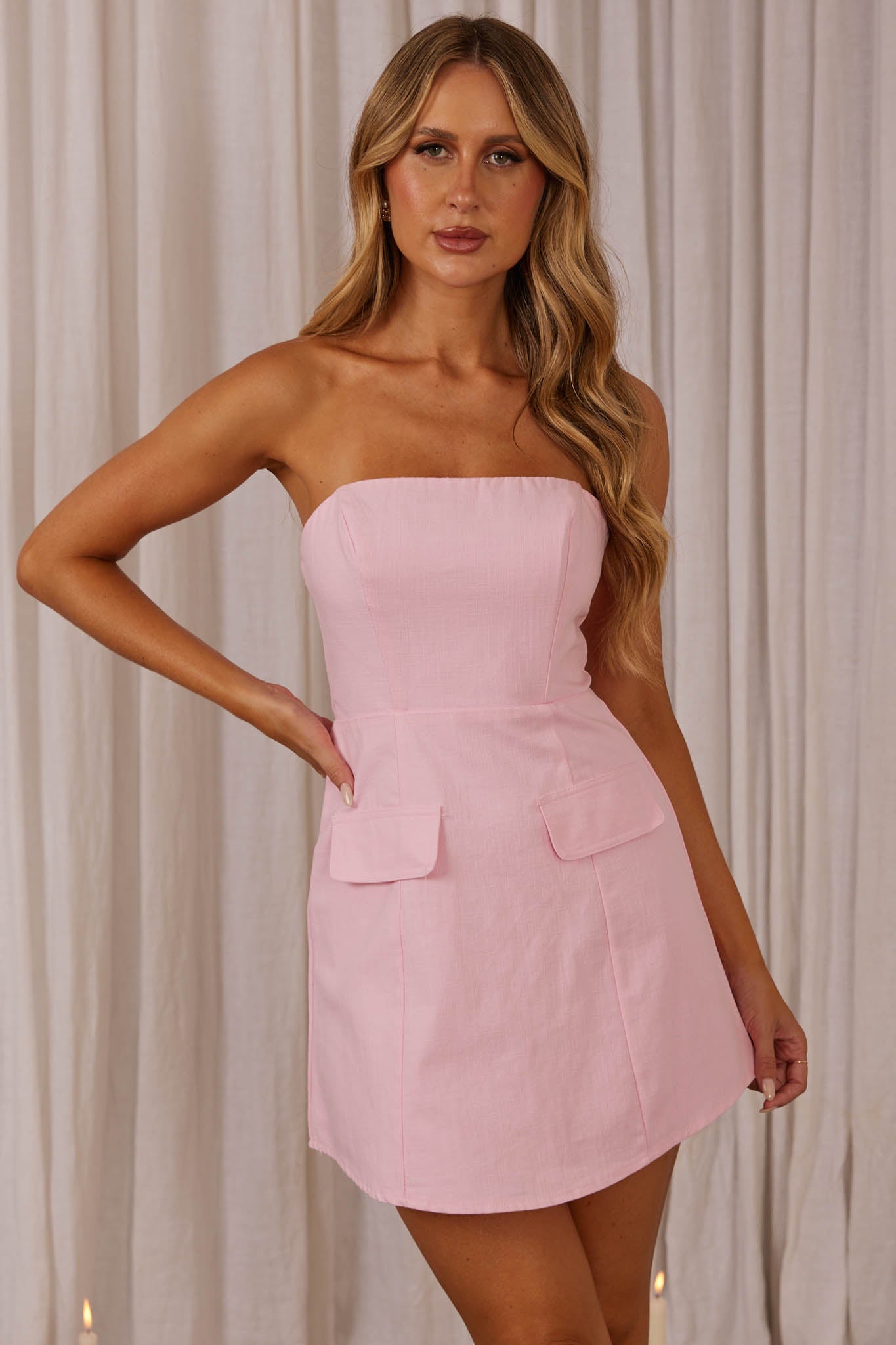 Justine Strapless Faux Pocket Mini Dress Pink by Selfie Leslie Australia