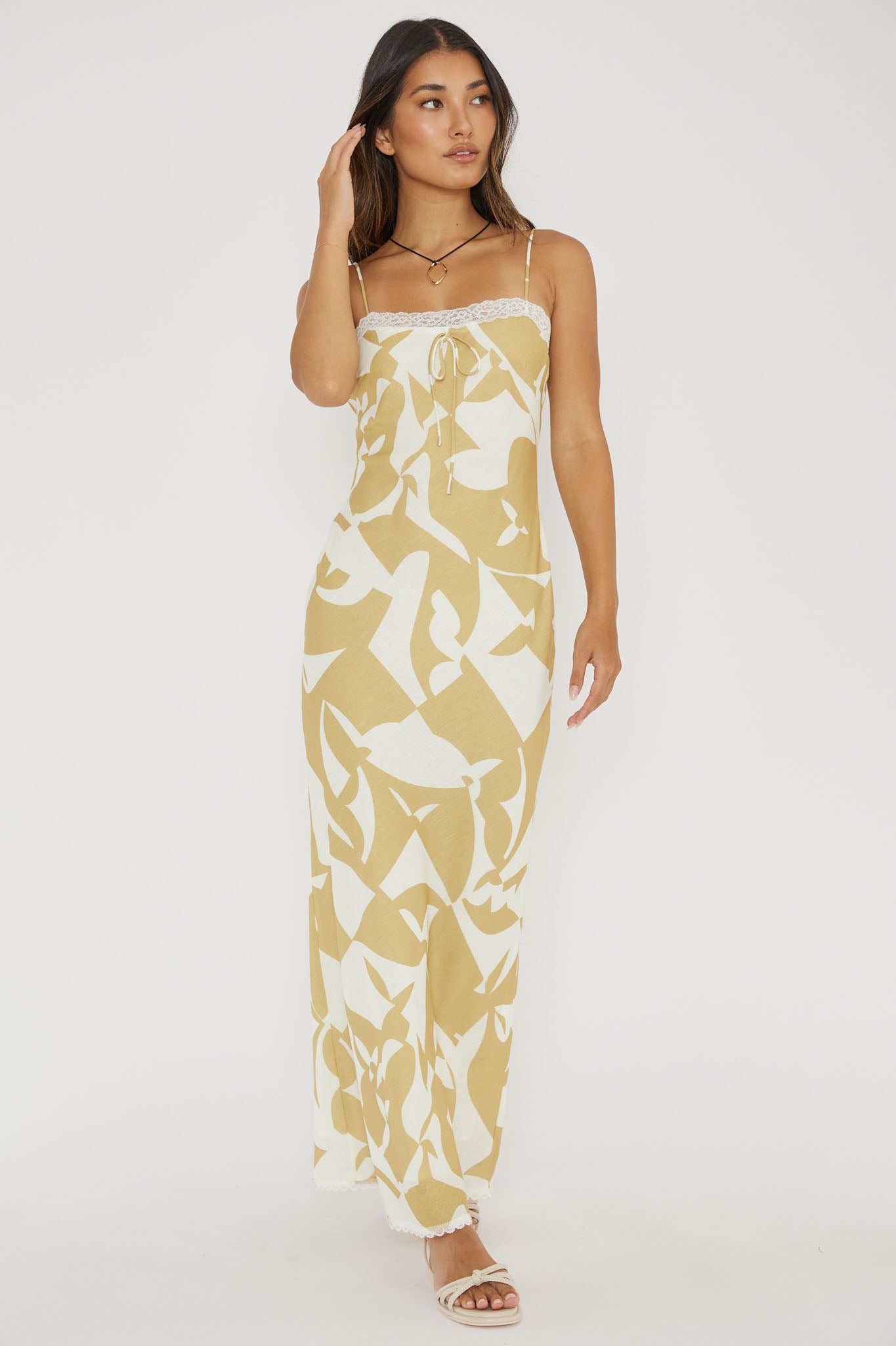 Cali Sunset Lace Trim Maxi Dress Print Yellow by Selfie Leslie Australia