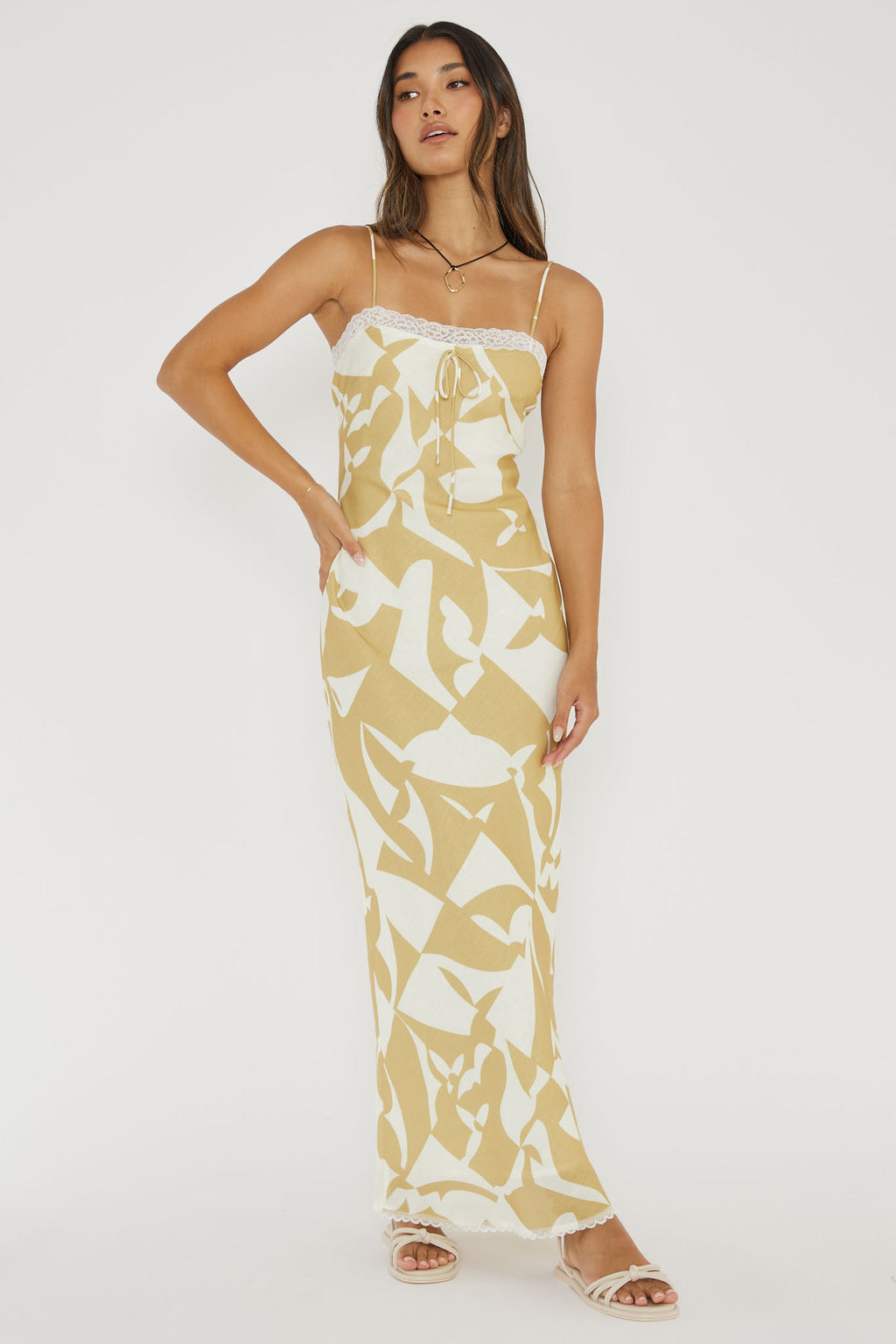 Cali Sunset Lace Trim Maxi Dress Print Yellow by Selfie Leslie Australia