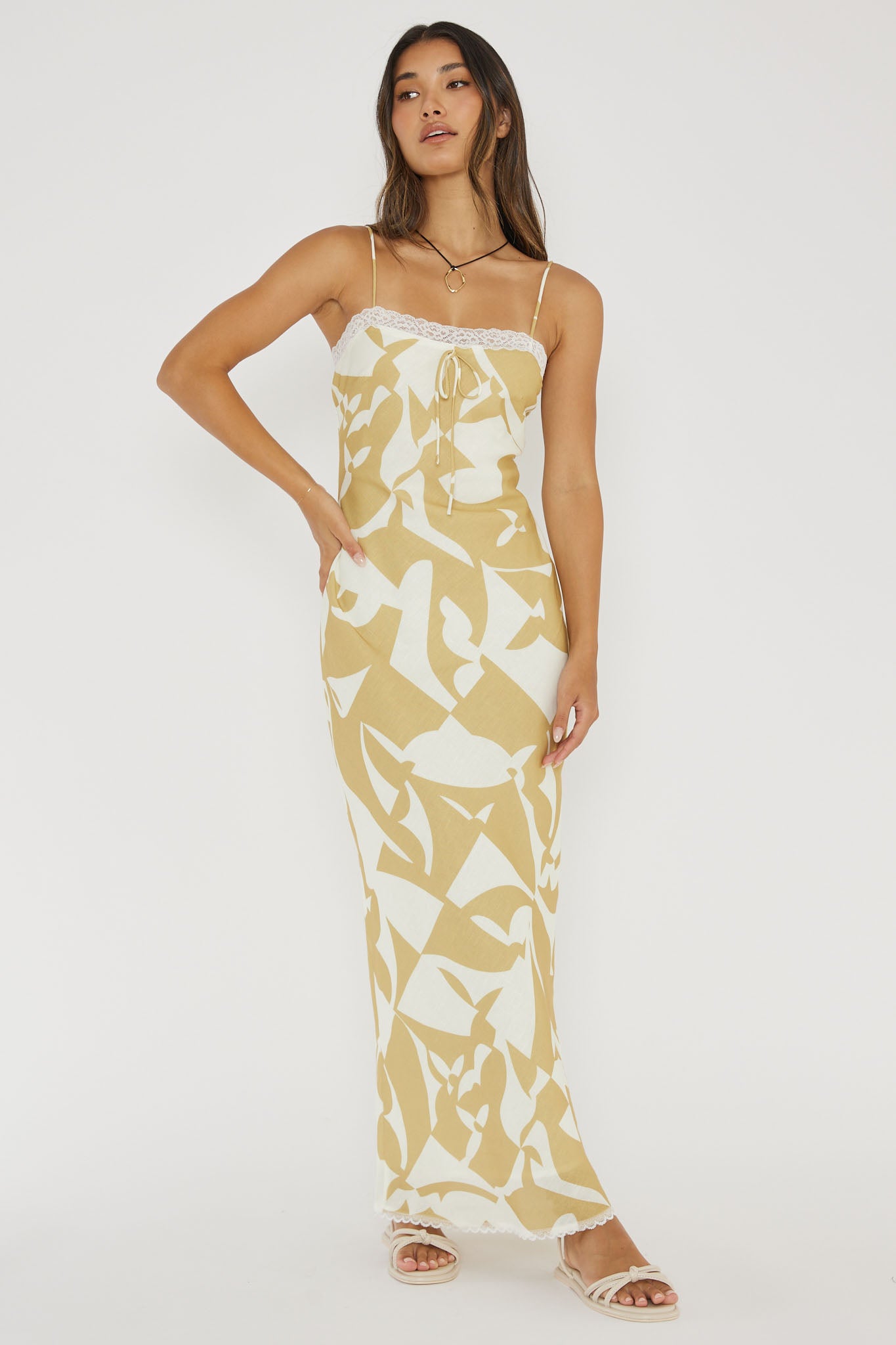 Cali Sunset Lace Trim Maxi Dress Print Yellow by Selfie Leslie Australia