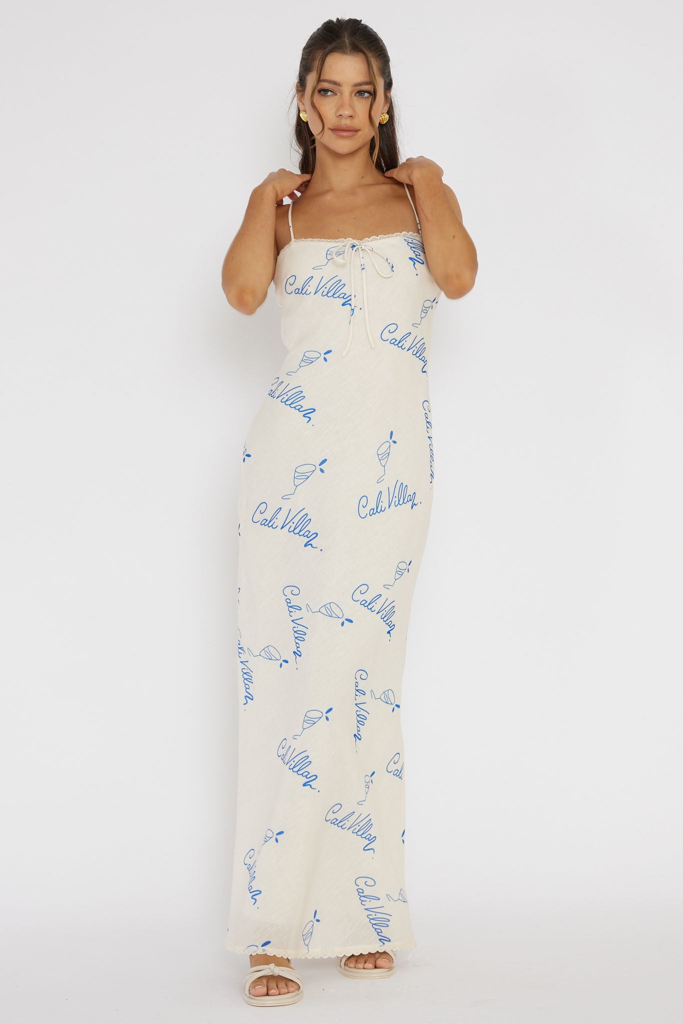 Cali Sunset Lace Trim Maxi Dress Print Blue by Selfie Leslie Australia