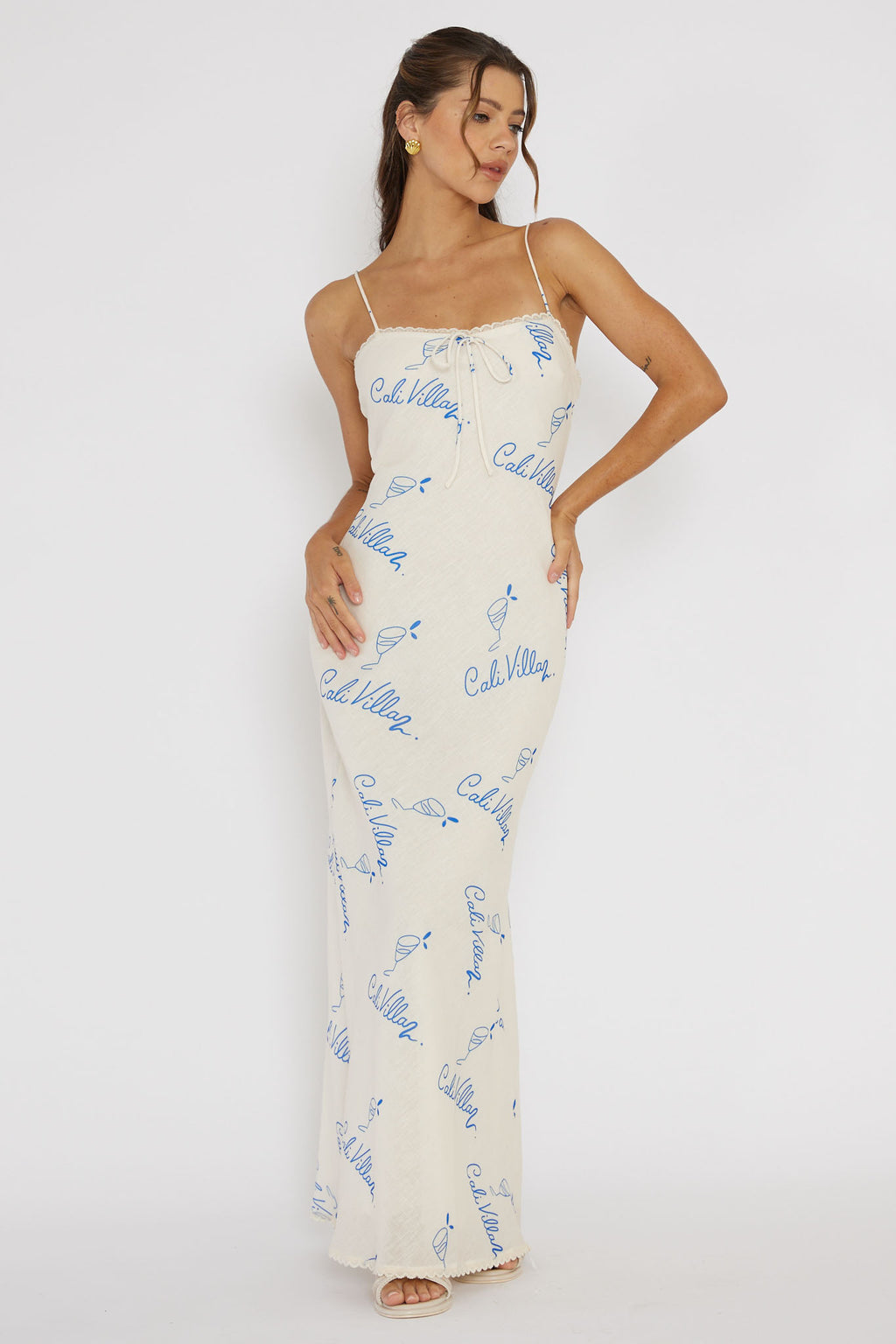 Cali Sunset Lace Trim Maxi Dress Print Blue by Selfie Leslie Australia
