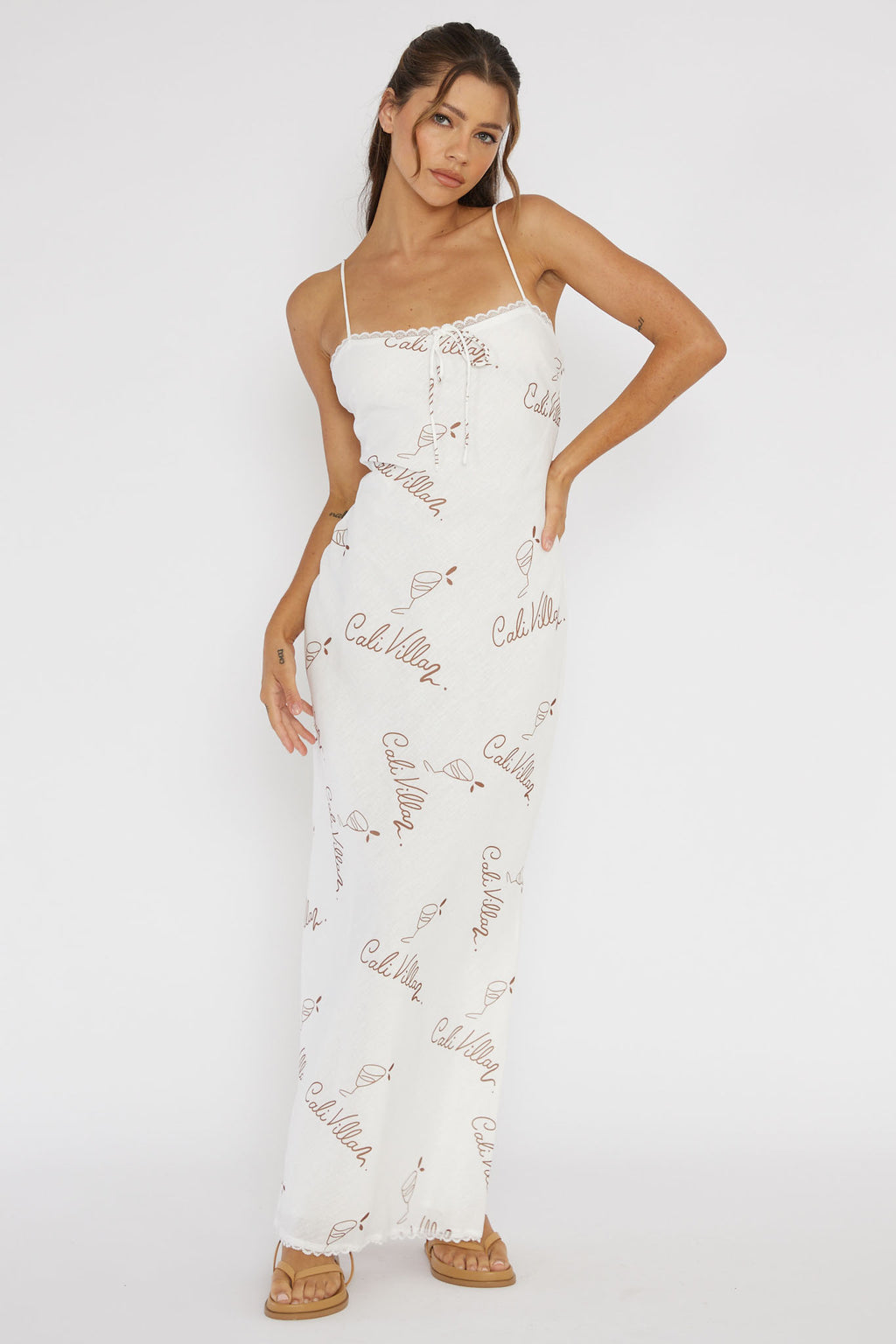 Cali Sunset Lace Trim Maxi Dress Print Tan by Selfie Leslie Australia