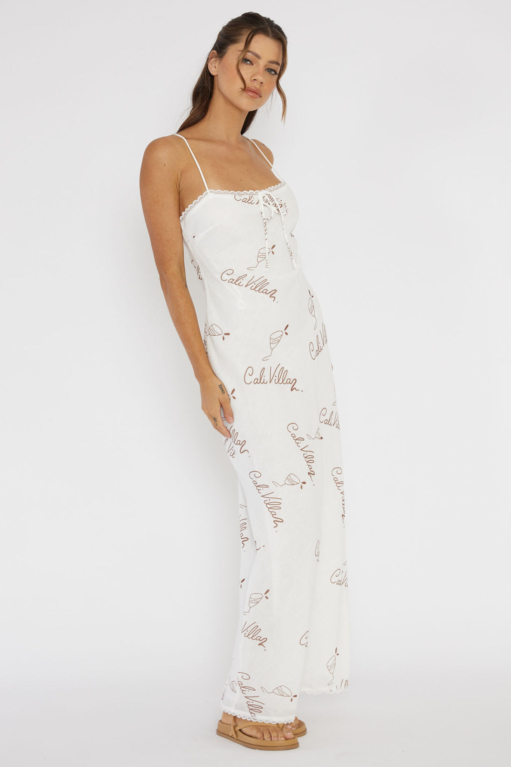 Cali Sunset Lace Trim Maxi Dress Print Tan by Selfie Leslie Australia