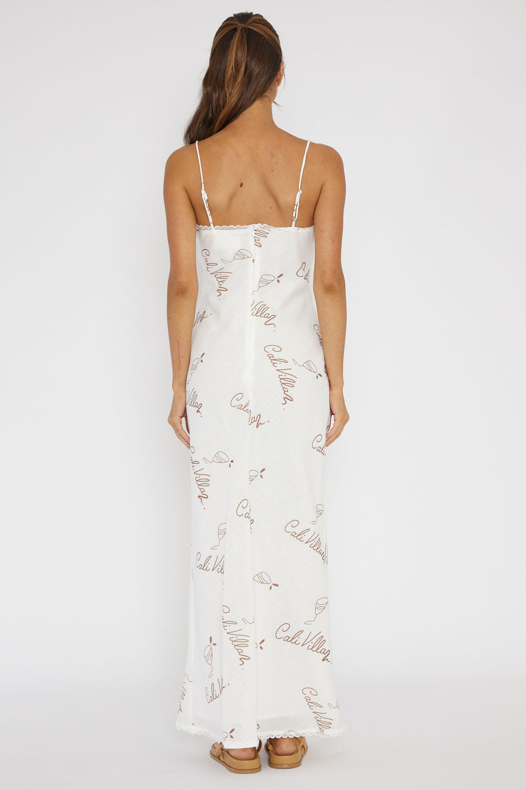 Cali Sunset Lace Trim Maxi Dress Print Tan by Selfie Leslie Australia