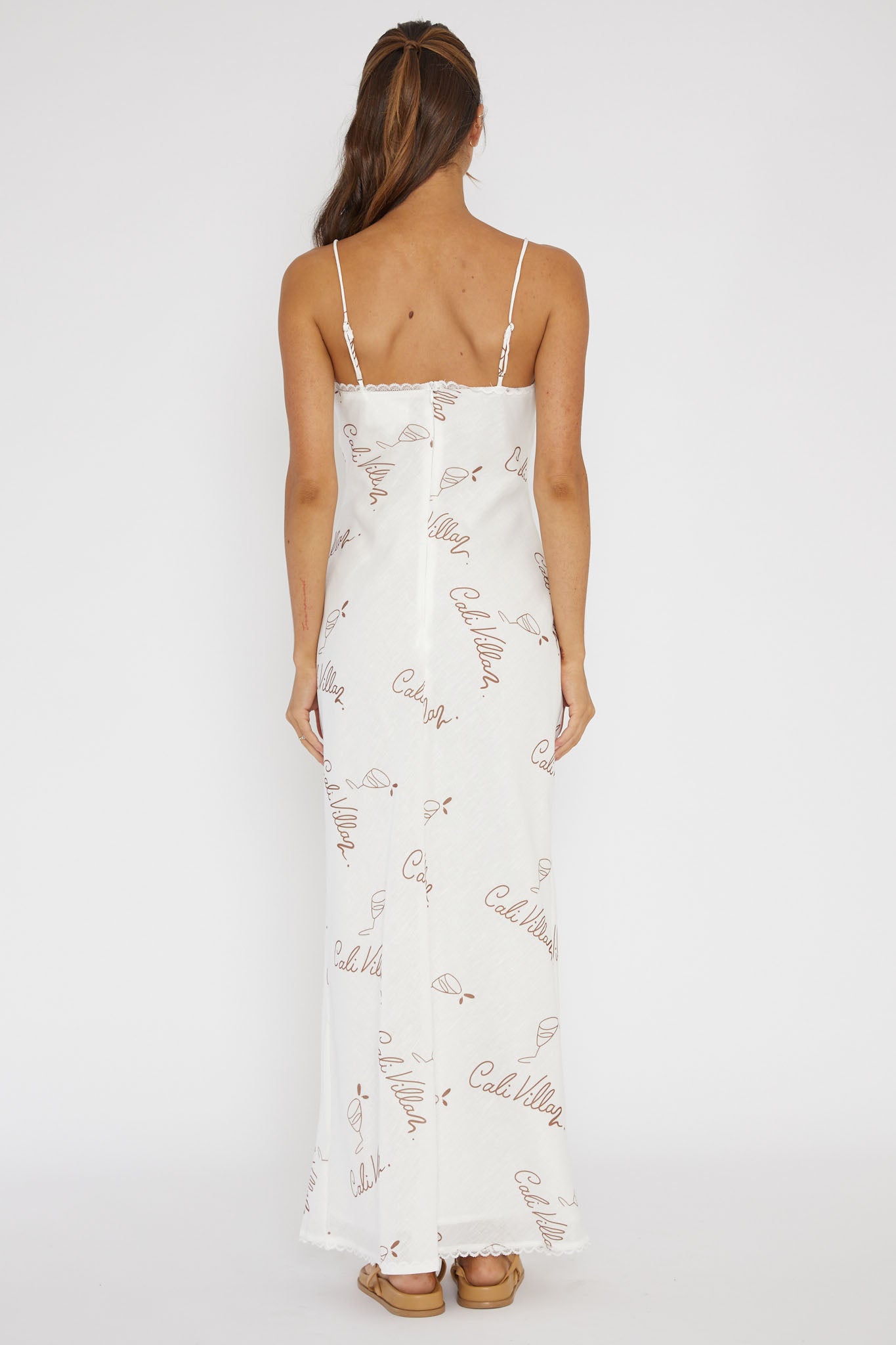 Cali Sunset Lace Trim Maxi Dress Print Tan by Selfie Leslie Australia