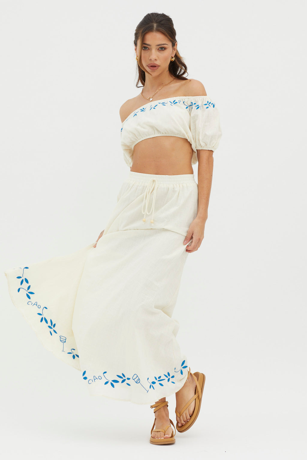 Ritual Embroidered Hem Midi Skirt Beige by Selfie Leslie Australia