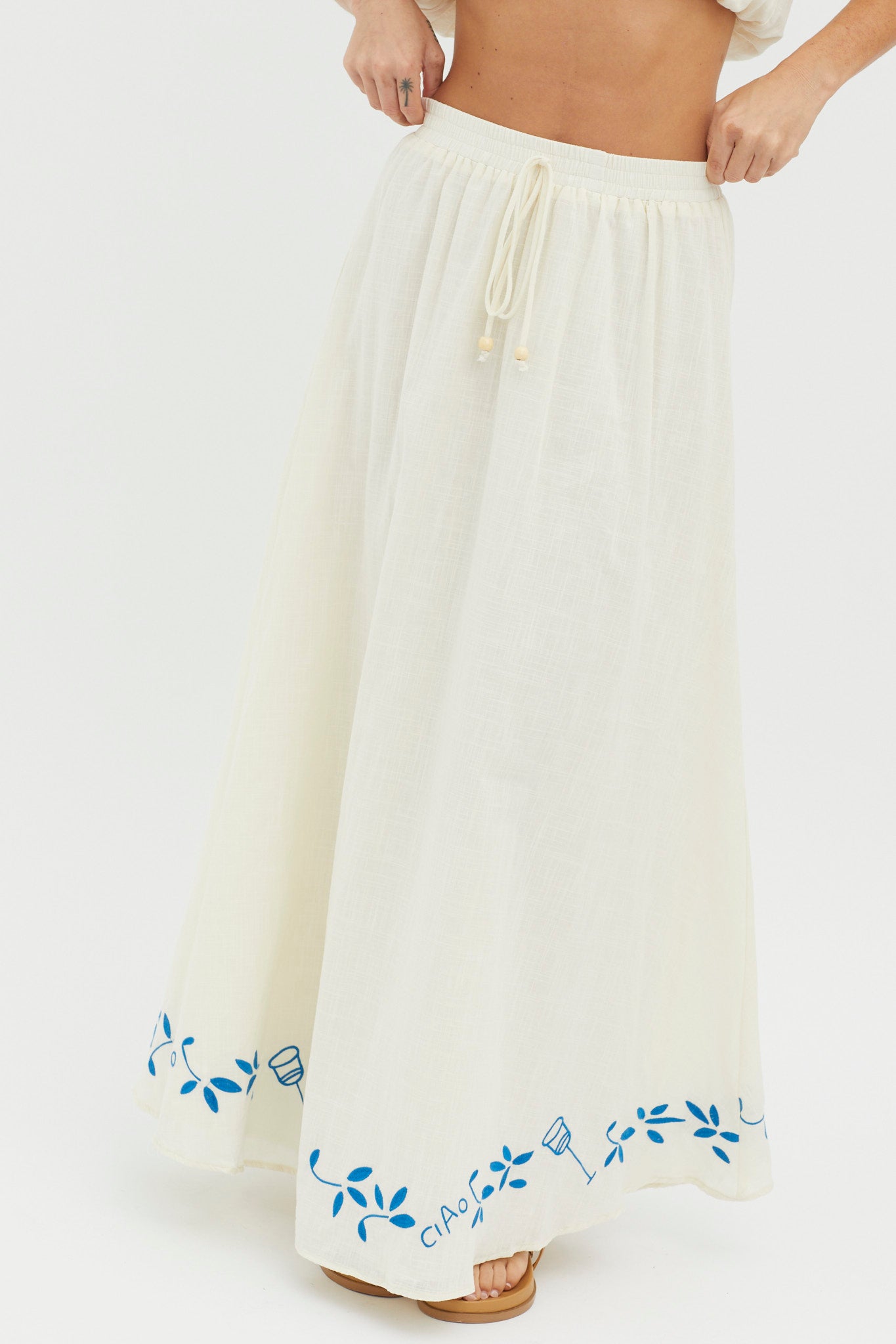 Ritual Embroidered Hem Midi Skirt Beige by Selfie Leslie Australia
