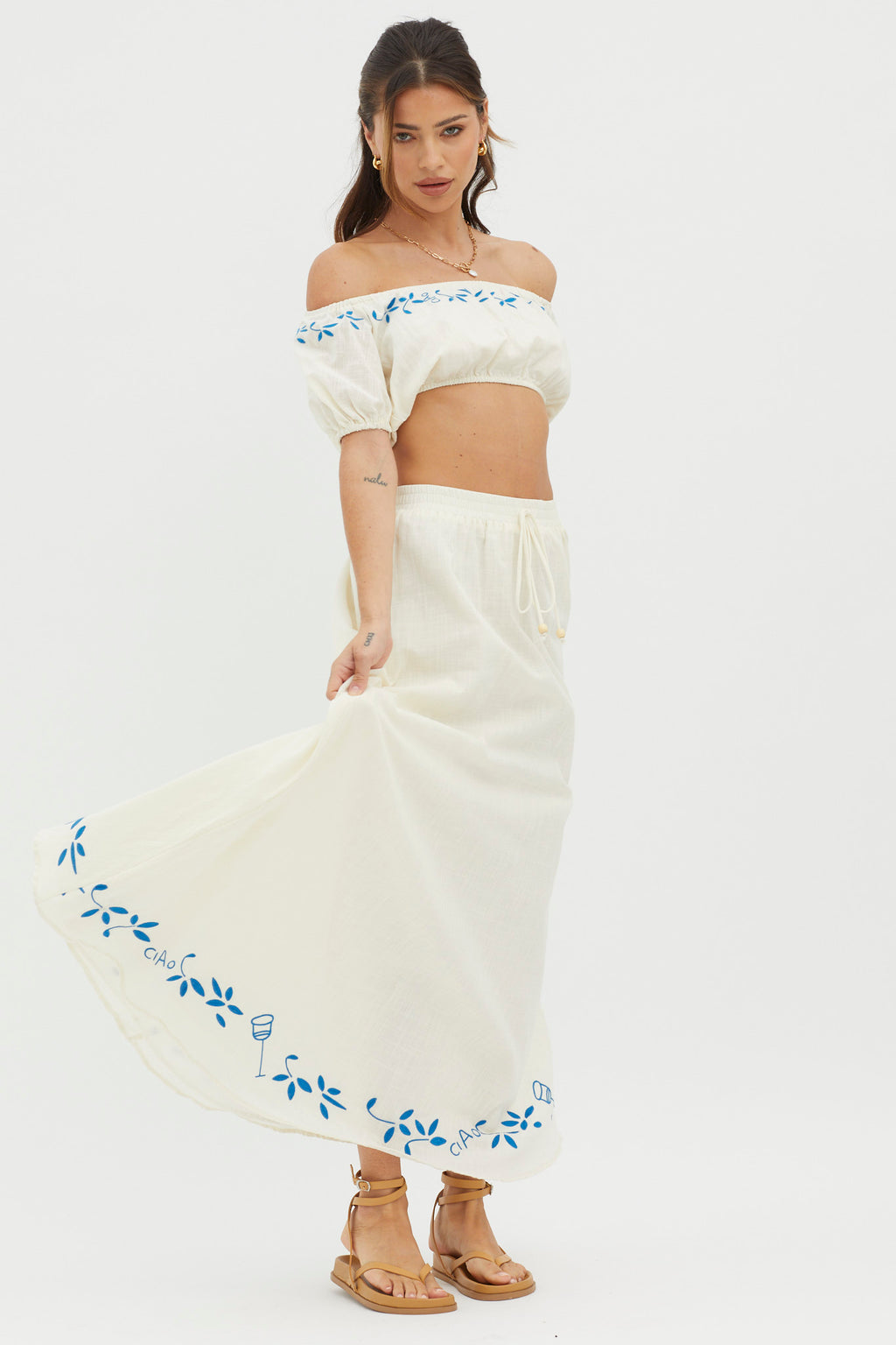 Ritual Embroidered Hem Midi Skirt Beige by Selfie Leslie Australia