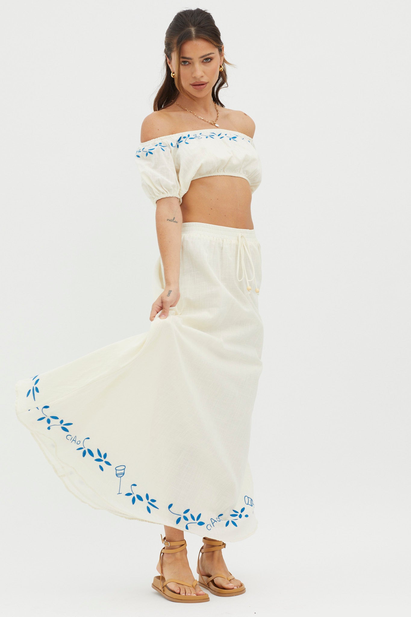 Ritual Embroidered Hem Midi Skirt Beige by Selfie Leslie Australia
