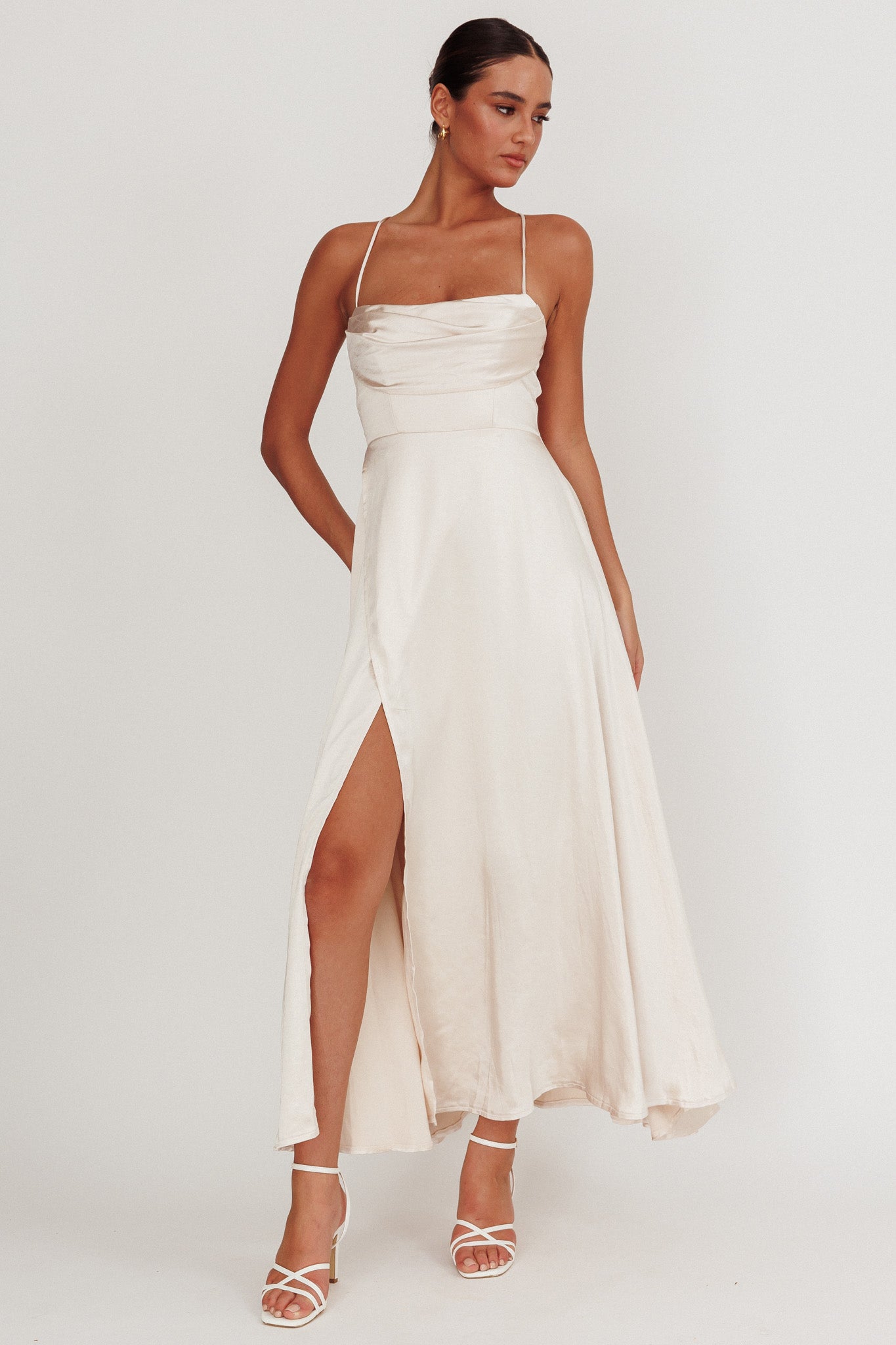Inner Light Gathered Bust Split Maxi Dress Champagne by Selfie Leslie Australia
