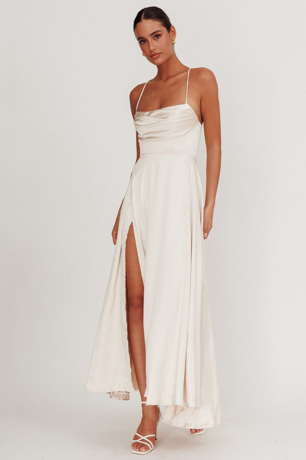 Inner Light Gathered Bust Split Maxi Dress Champagne by Selfie Leslie Australia