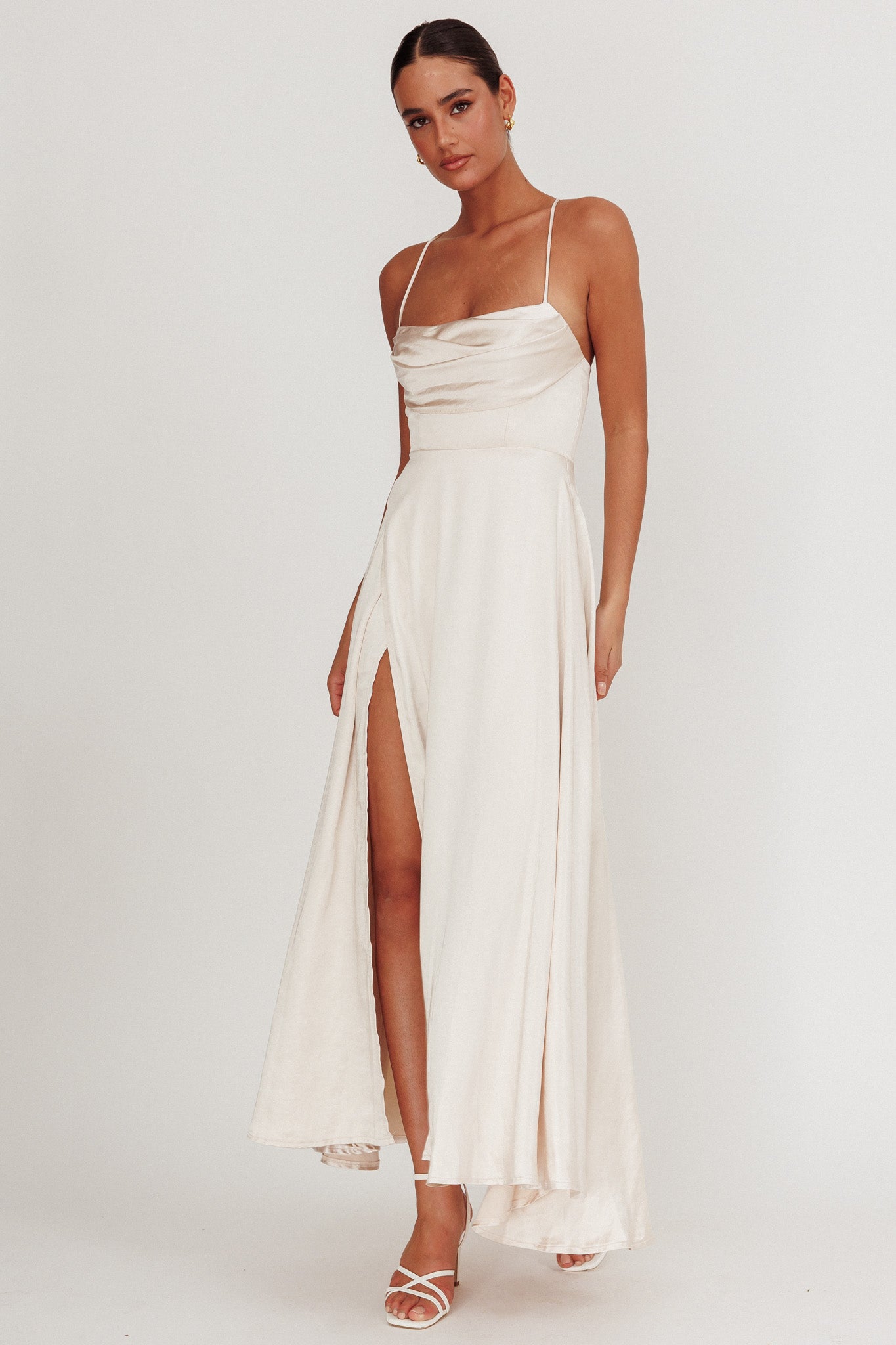 Inner Light Gathered Bust Split Maxi Dress Champagne by Selfie Leslie Australia