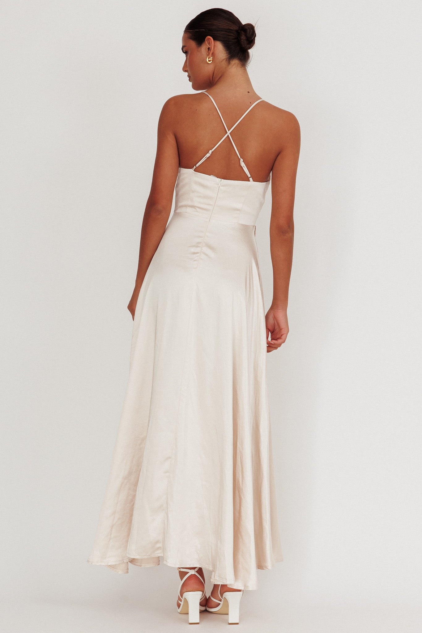 Inner Light Gathered Bust Split Maxi Dress Champagne by Selfie Leslie Australia